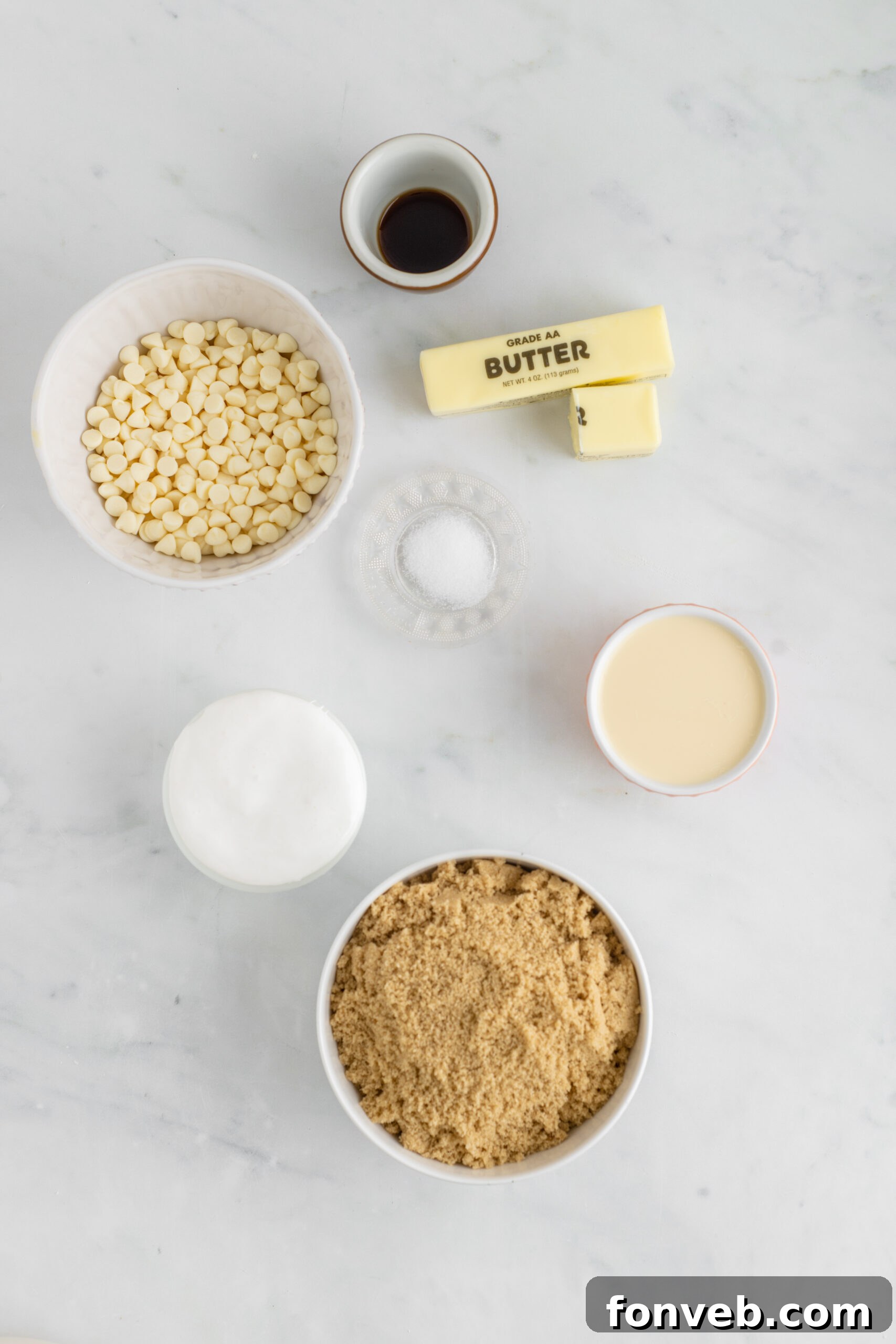 Overhead view of all the measured ingredients laid out for making Penuche Fudge.