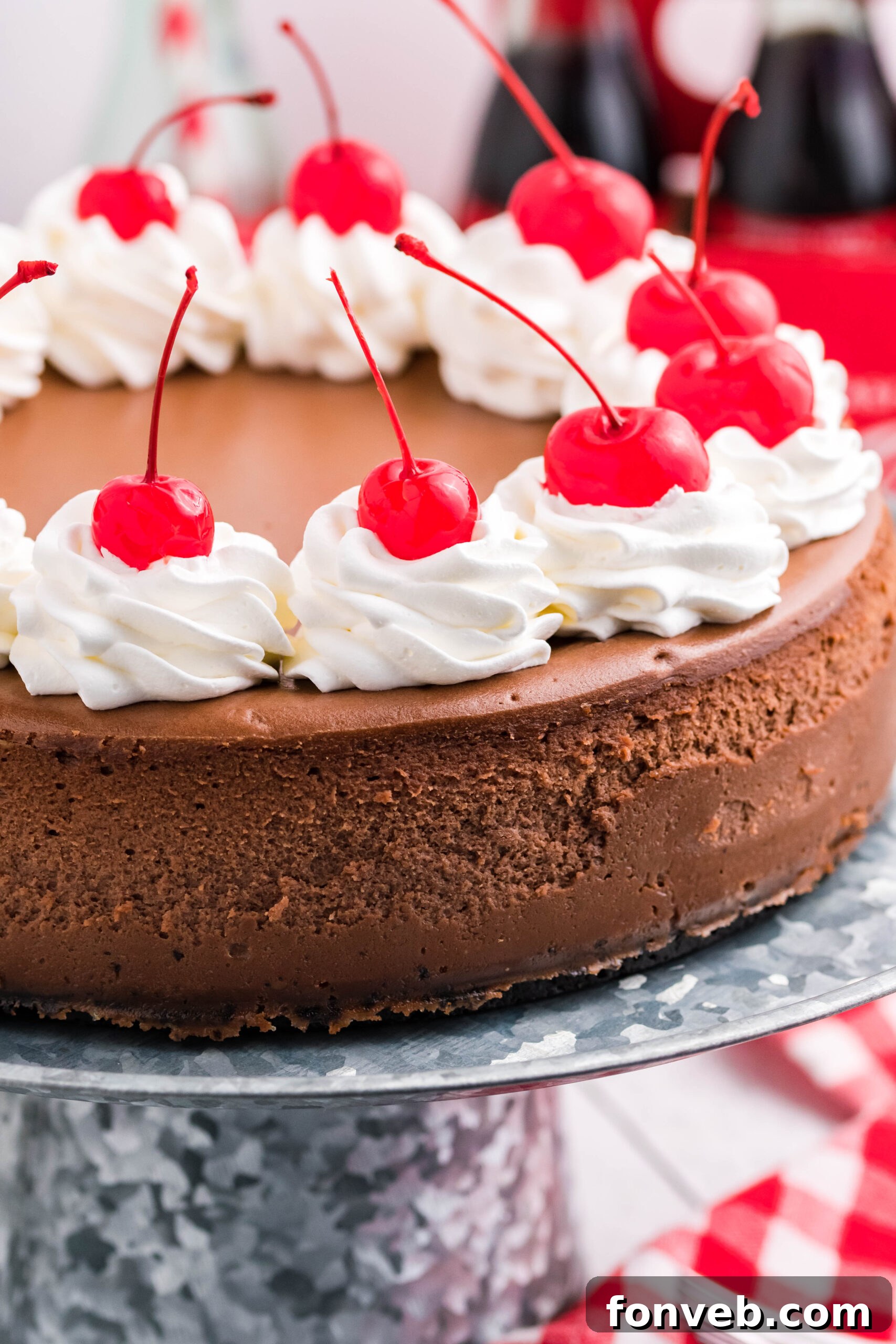 Close-up side view of Coca Cola Cheesecake on a galvanized cake pan, showing the detailed layers of crust and filling.