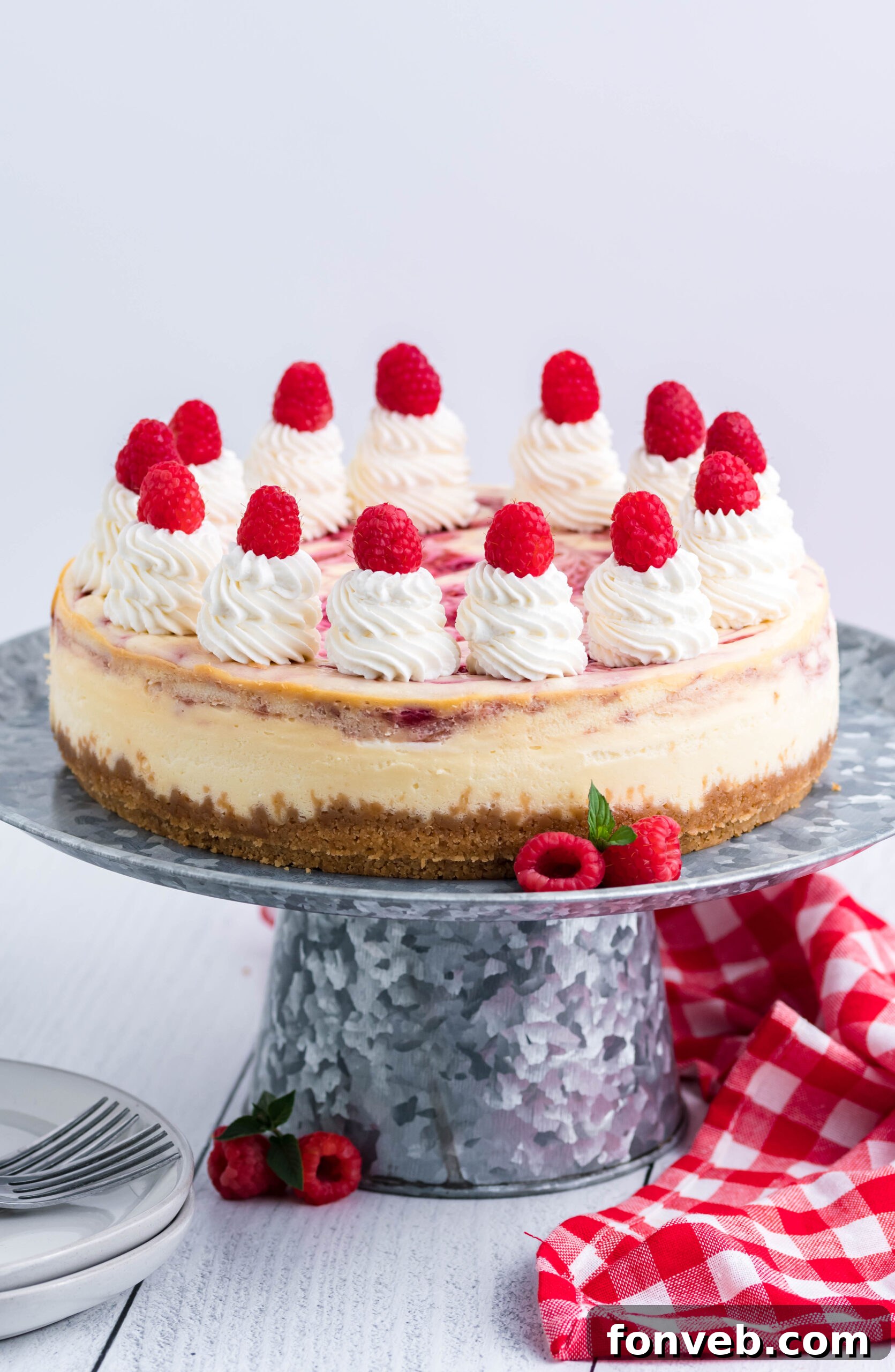 Side view of a whole Raspberry Swirl Cheesecake, beautifully presented on a rustic galvanized cake stand, highlighting its distinct layers and topping.