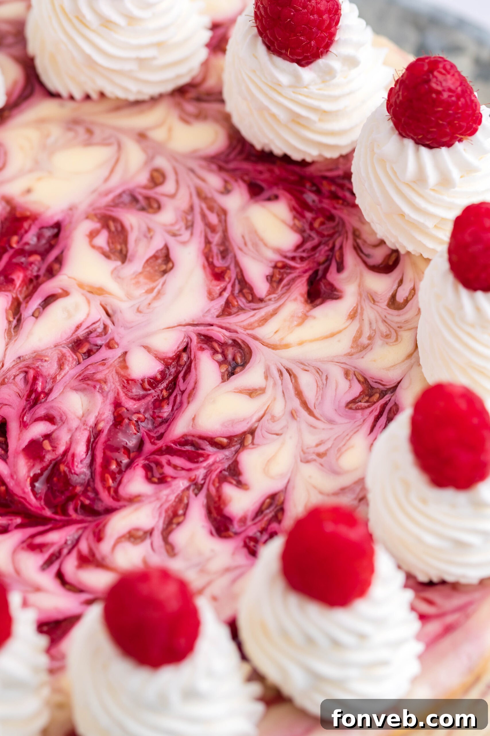 A close-up view of the top of a Raspberry Swirl Cheesecake, revealing the intricate patterns of the vibrant raspberry puree swirled into the creamy filling.