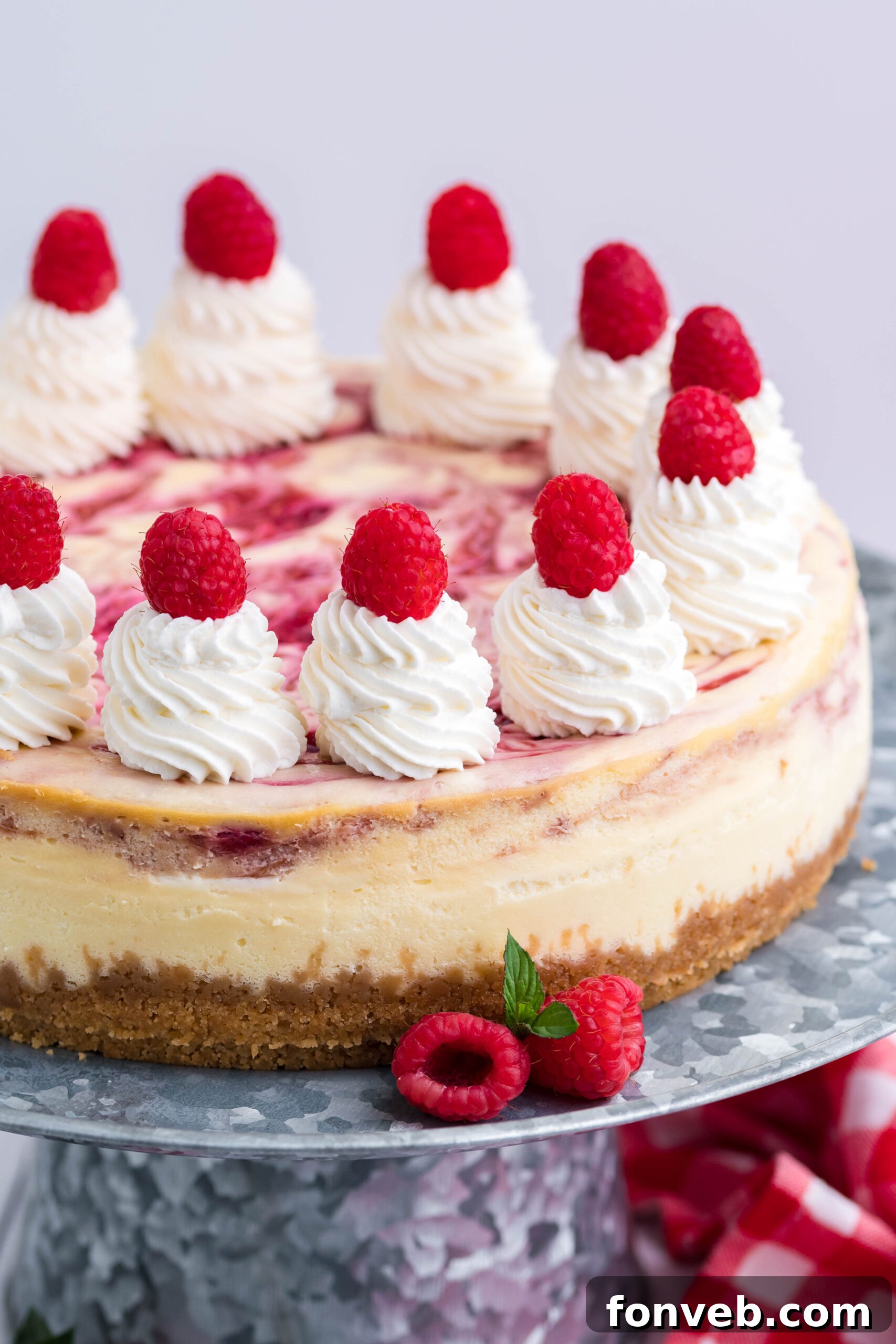 Close-up side view of a full Raspberry Swirl Cheesecake, elegantly displayed on a galvanized cake stand, emphasizing its tall, pristine layers and decorative swirl.