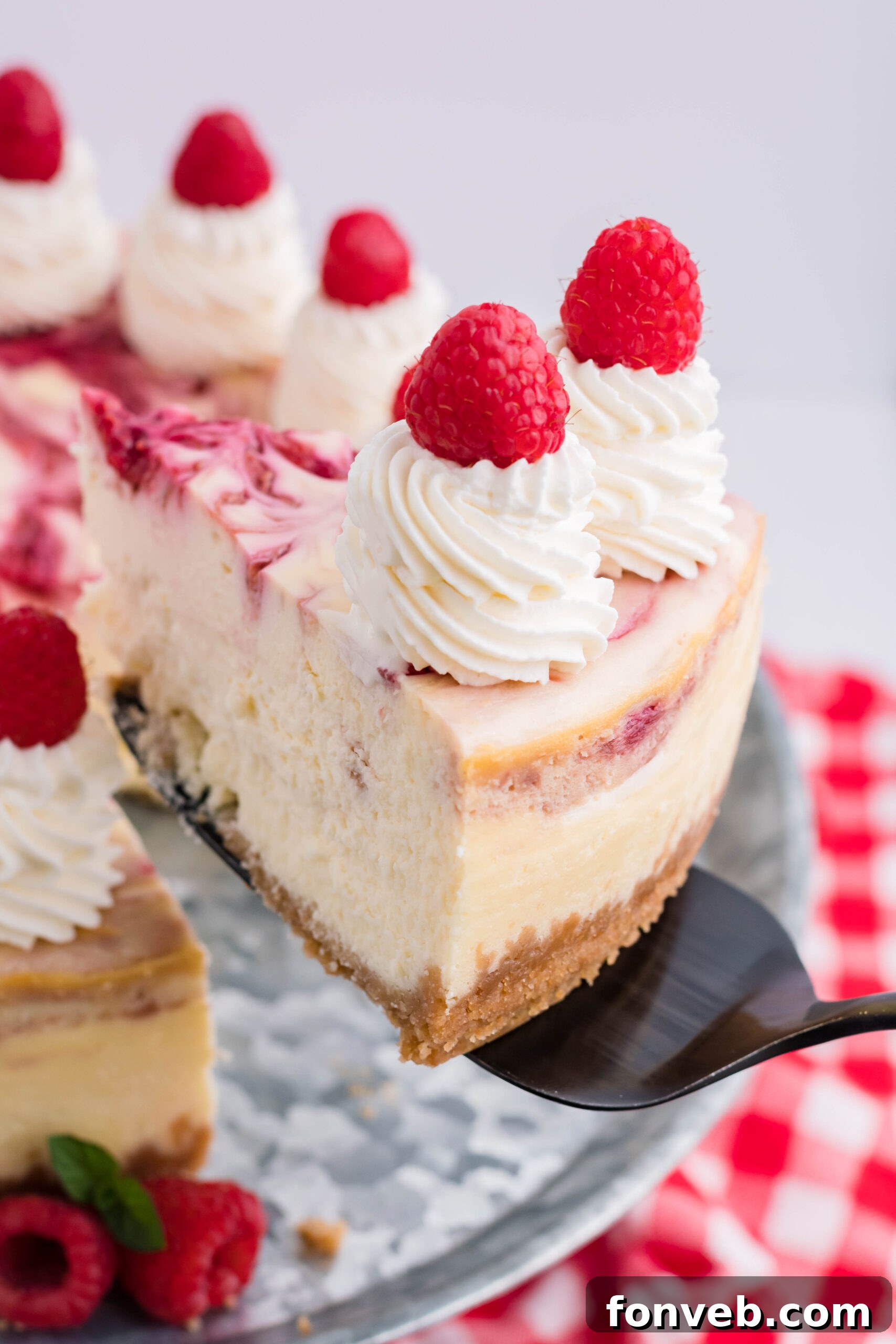 Side view of a perfectly portioned slice of Raspberry Swirl Cheesecake, artfully placed on a sleek black cake server, ready to be enjoyed.