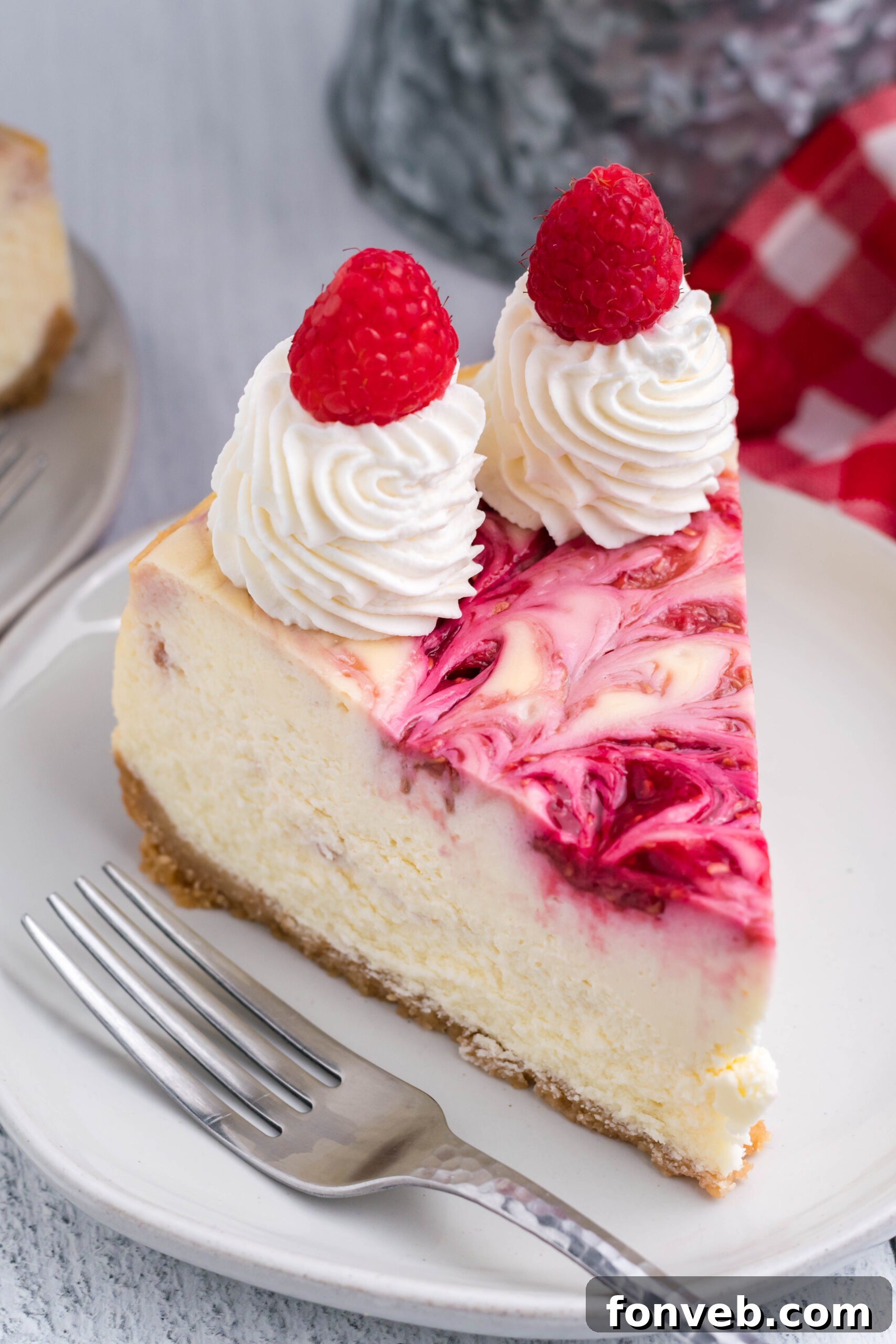 A second view of a slice of Raspberry Swirl Cheesecake on a pristine white dish, emphasizing its elegance and inviting texture.