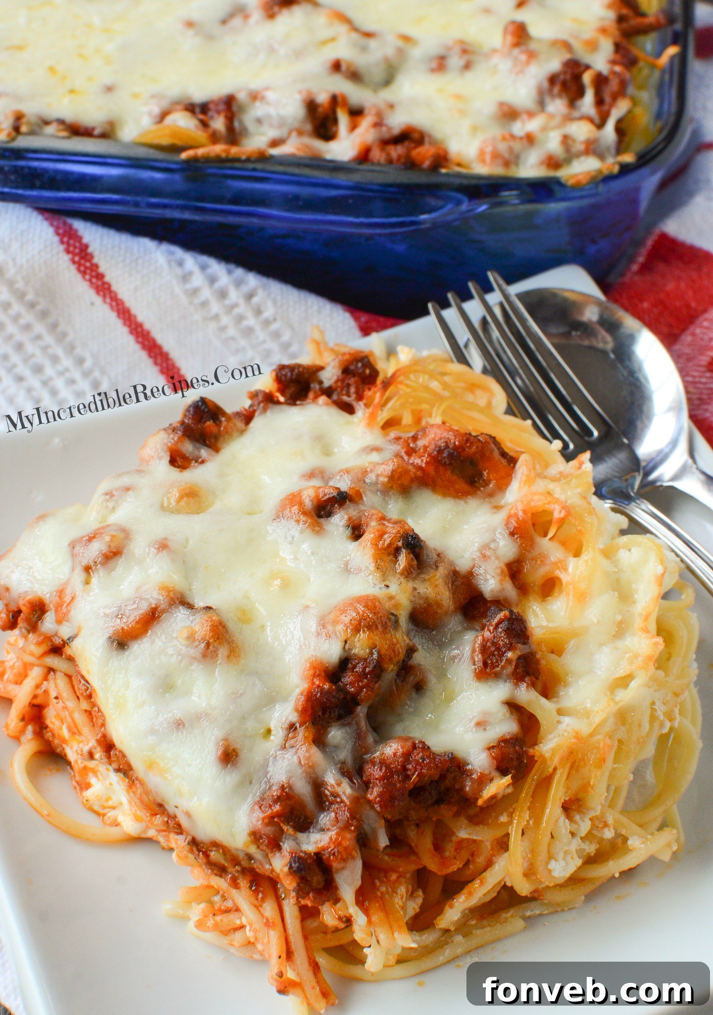 Close-up of a serving of Million Dollar Spaghetti