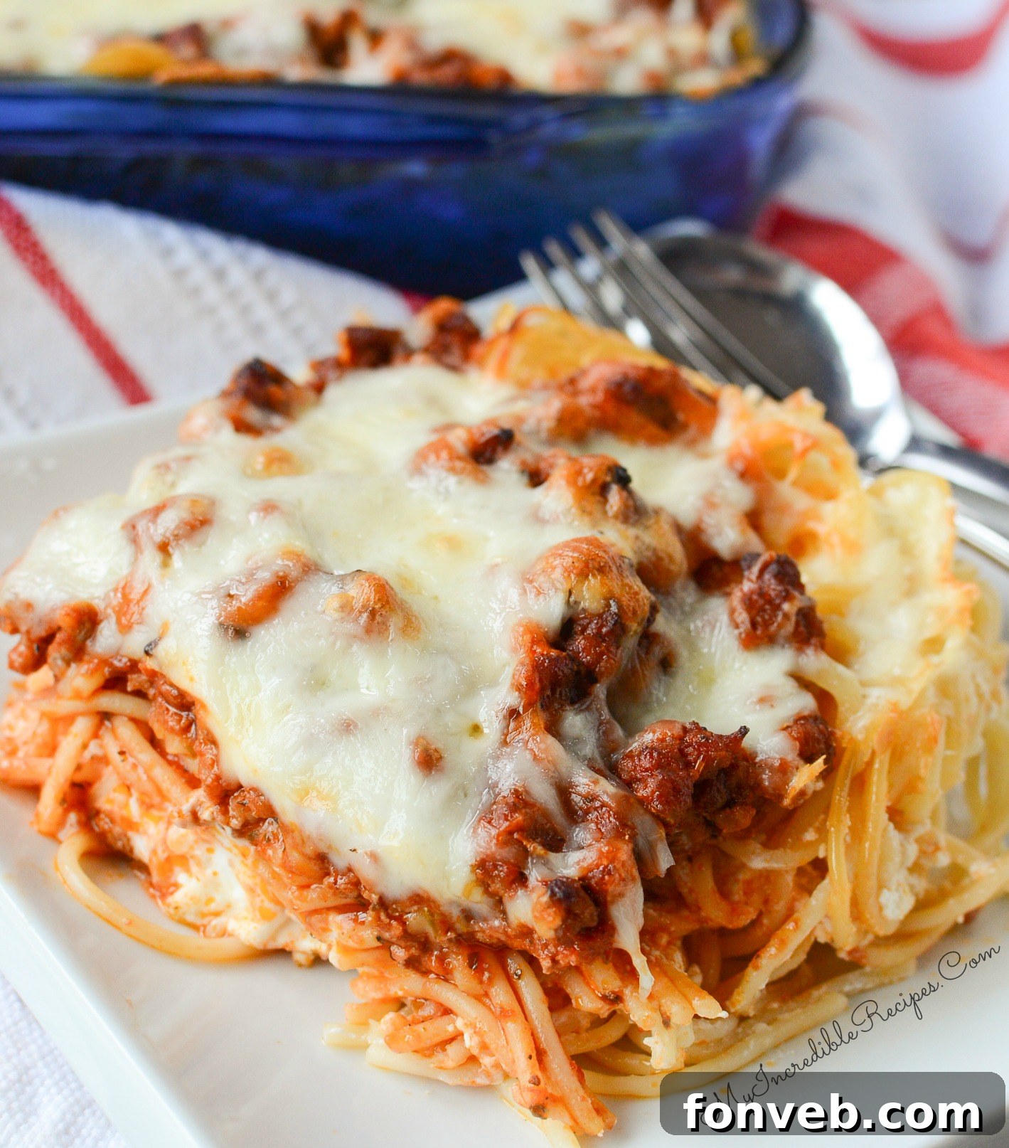 A large serving of the baked spaghetti casserole