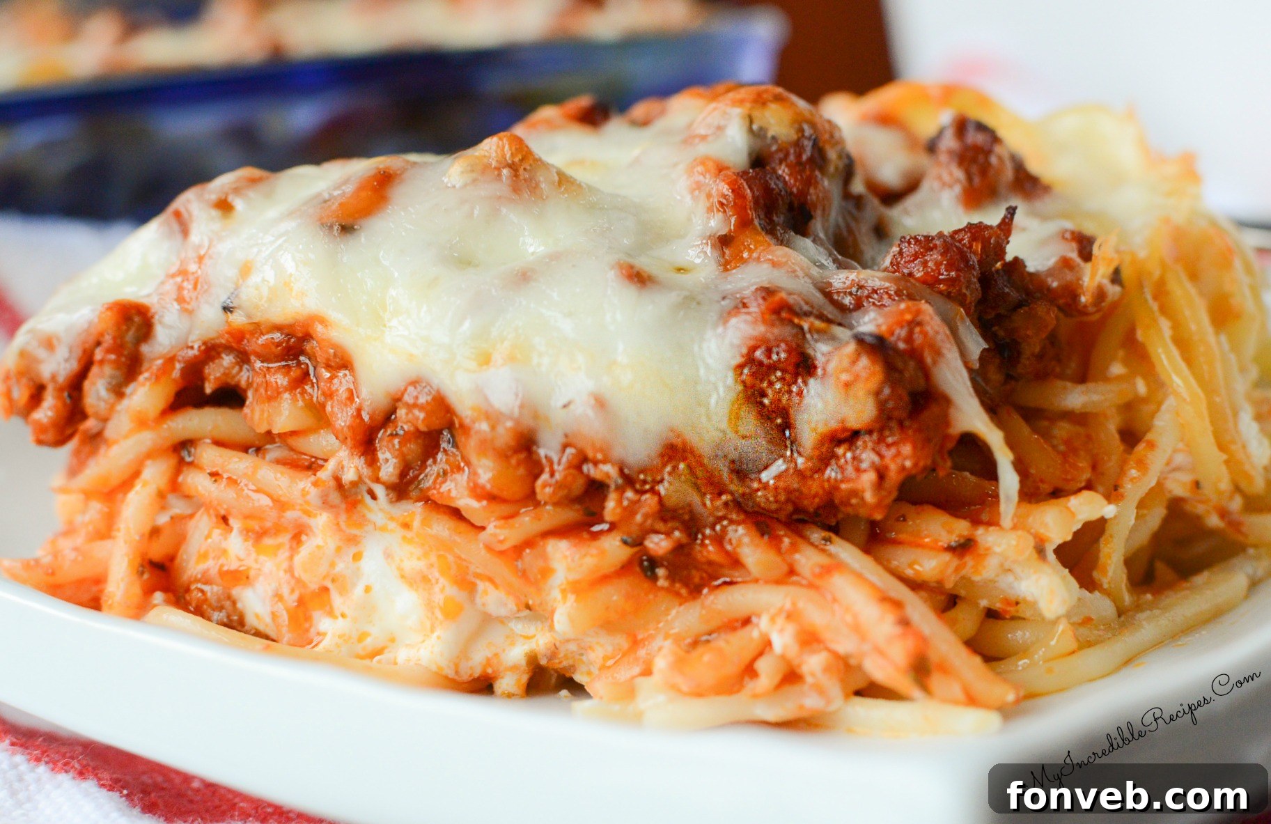 Overhead view of Million Dollar Spaghetti, garnished