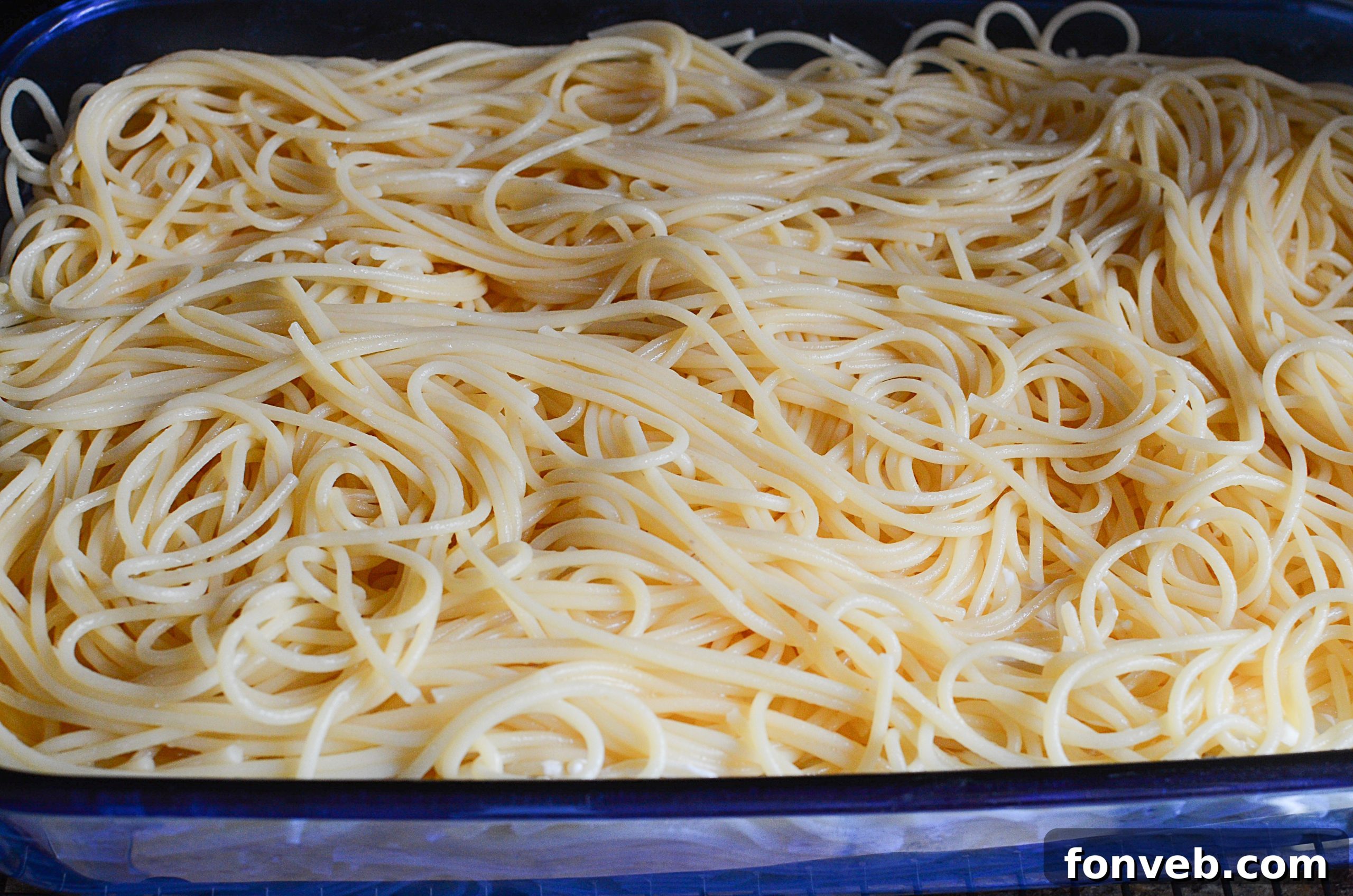 Another view of the creamy spaghetti mixture