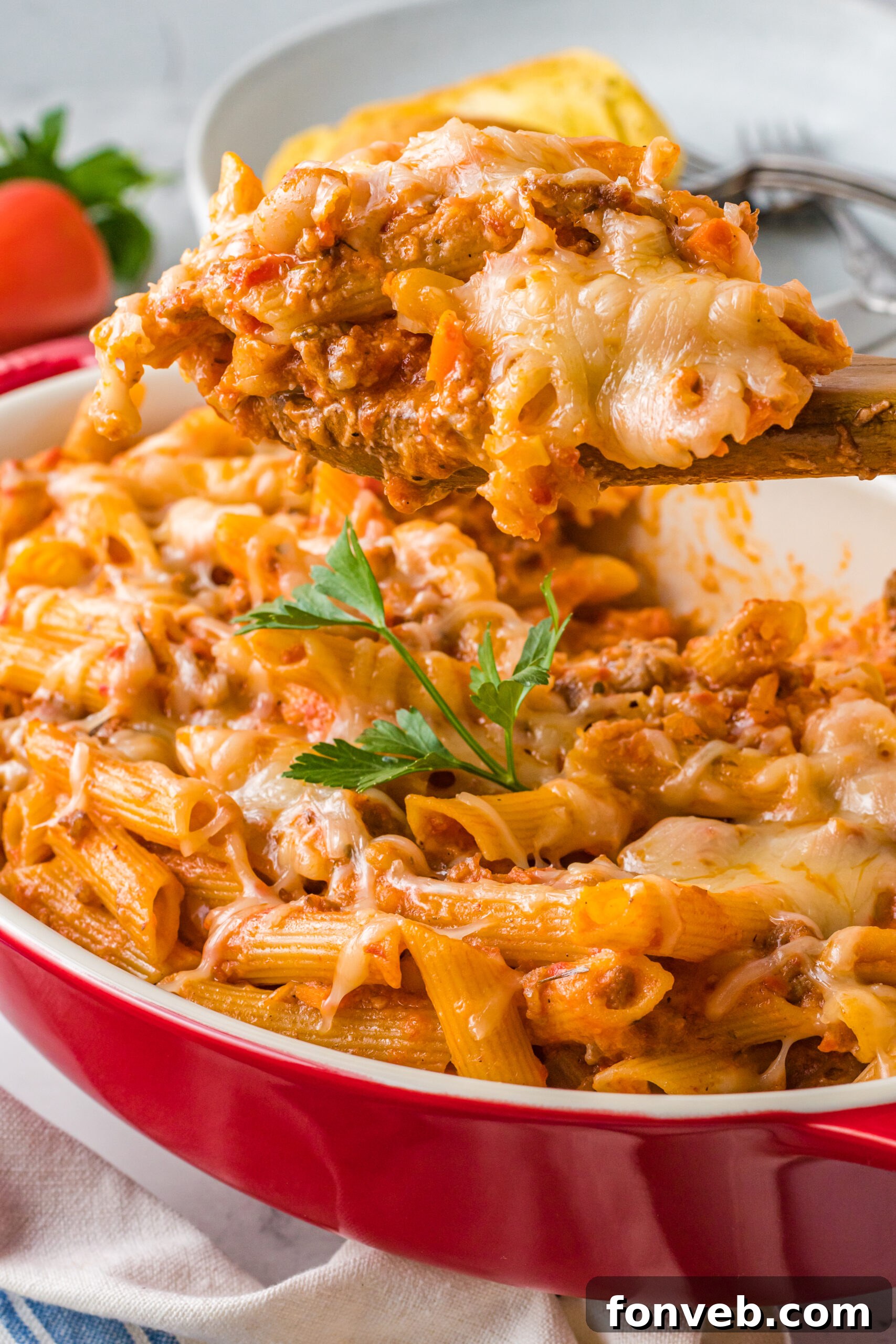 Pasta Fagioli Bake 5 Pasta Fagioli al Forno in a baking dish, ready to be served, with steam gently rising.