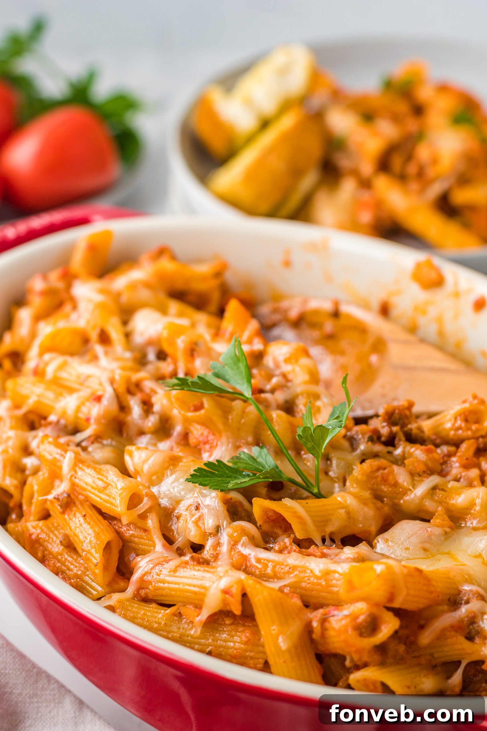Pasta Fagioli Bake 6 Pasta Fagioli al Forno in a baking dish, perfectly golden and bubbly, fresh from the oven.