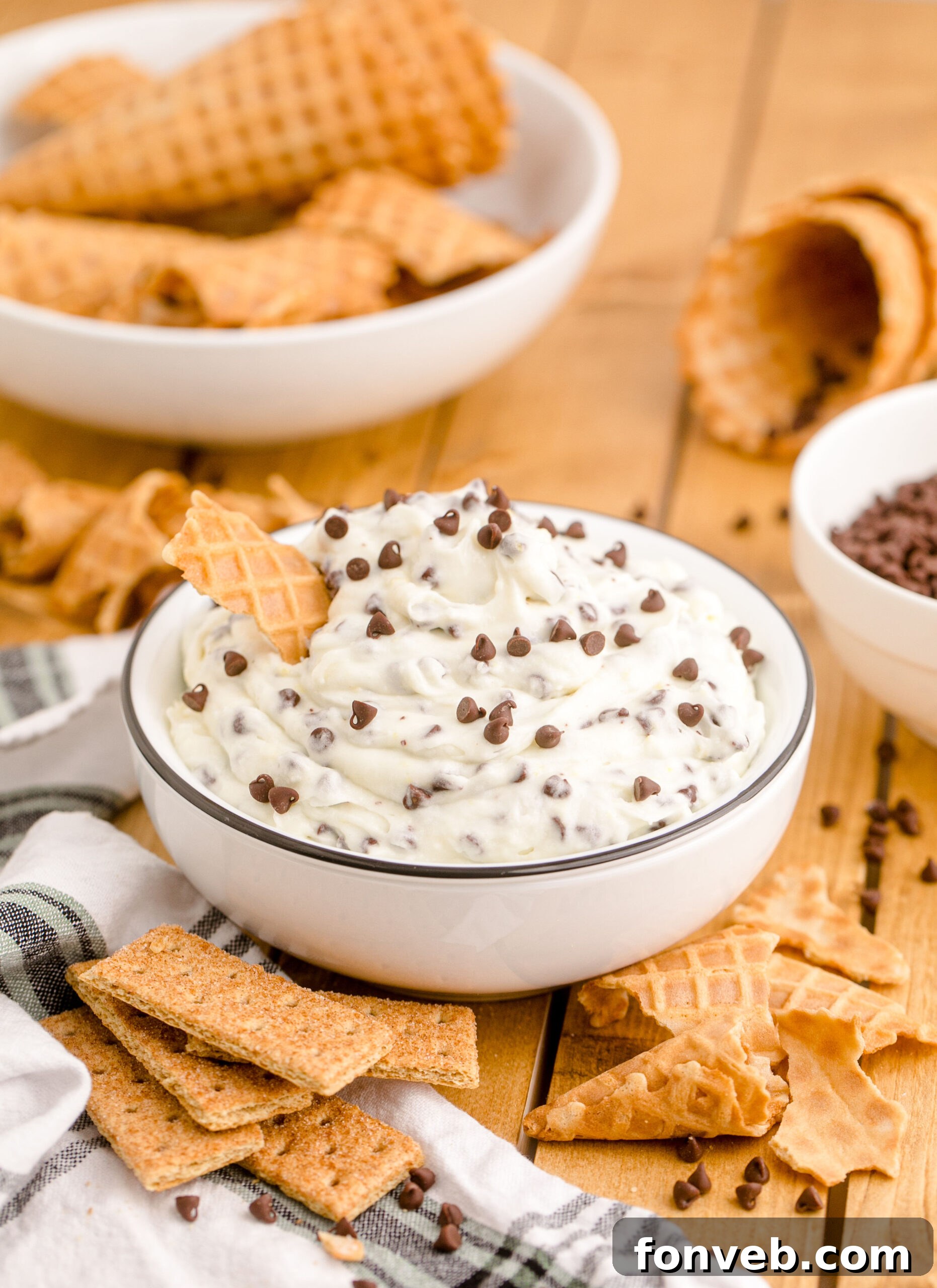 A close-up view showcasing the smooth, creamy texture of the Cannoli Dip after mixing, ready for the final touches.