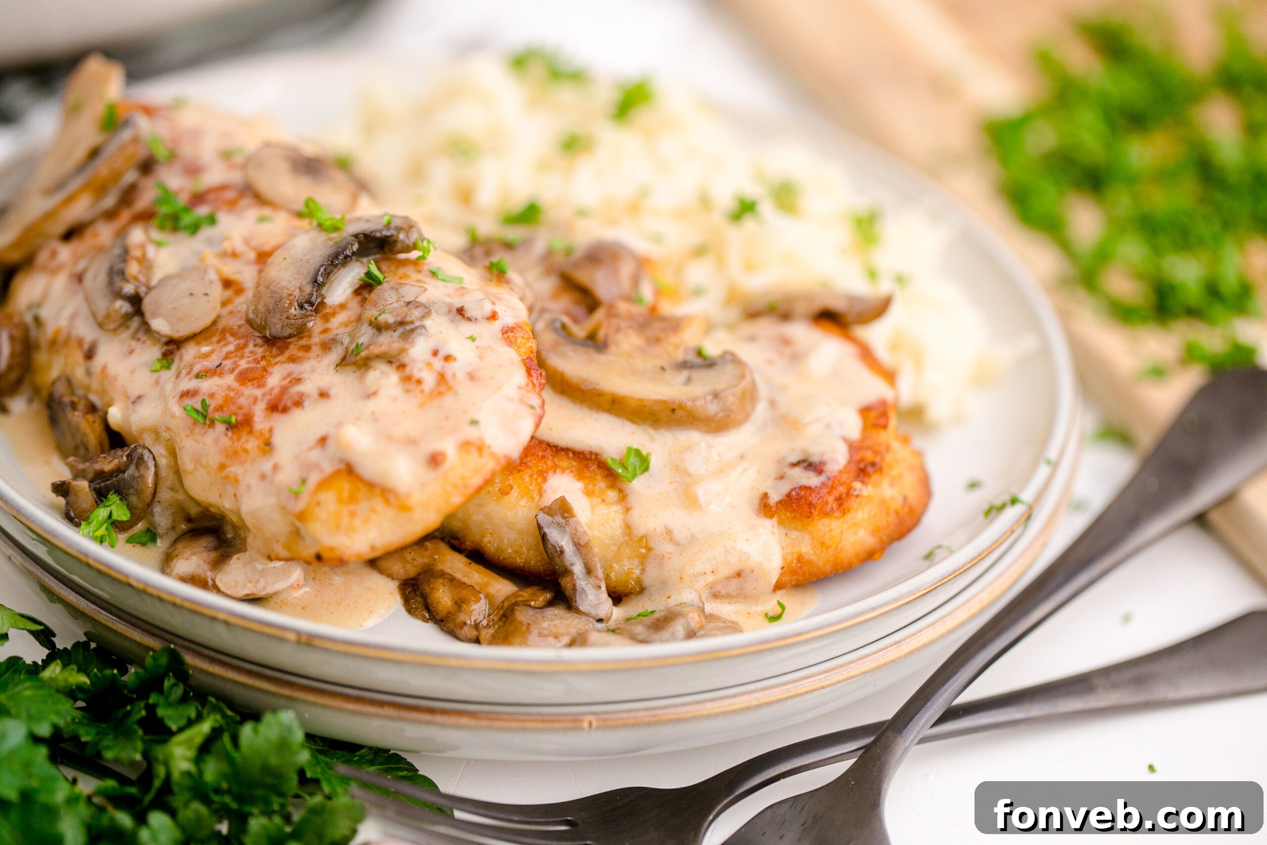 Chicken Marsala on a white plate