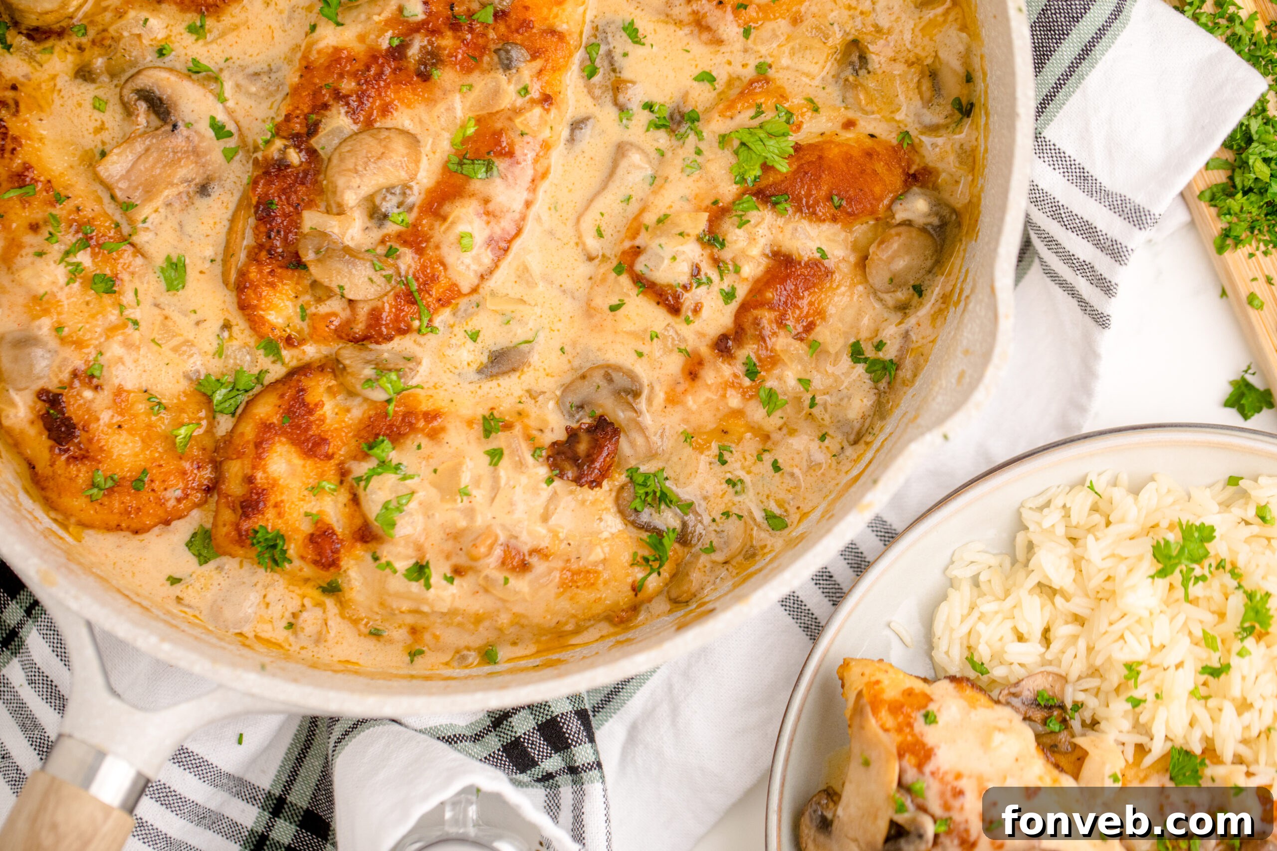 Overhead view of Chicken Marsala in a skillet.