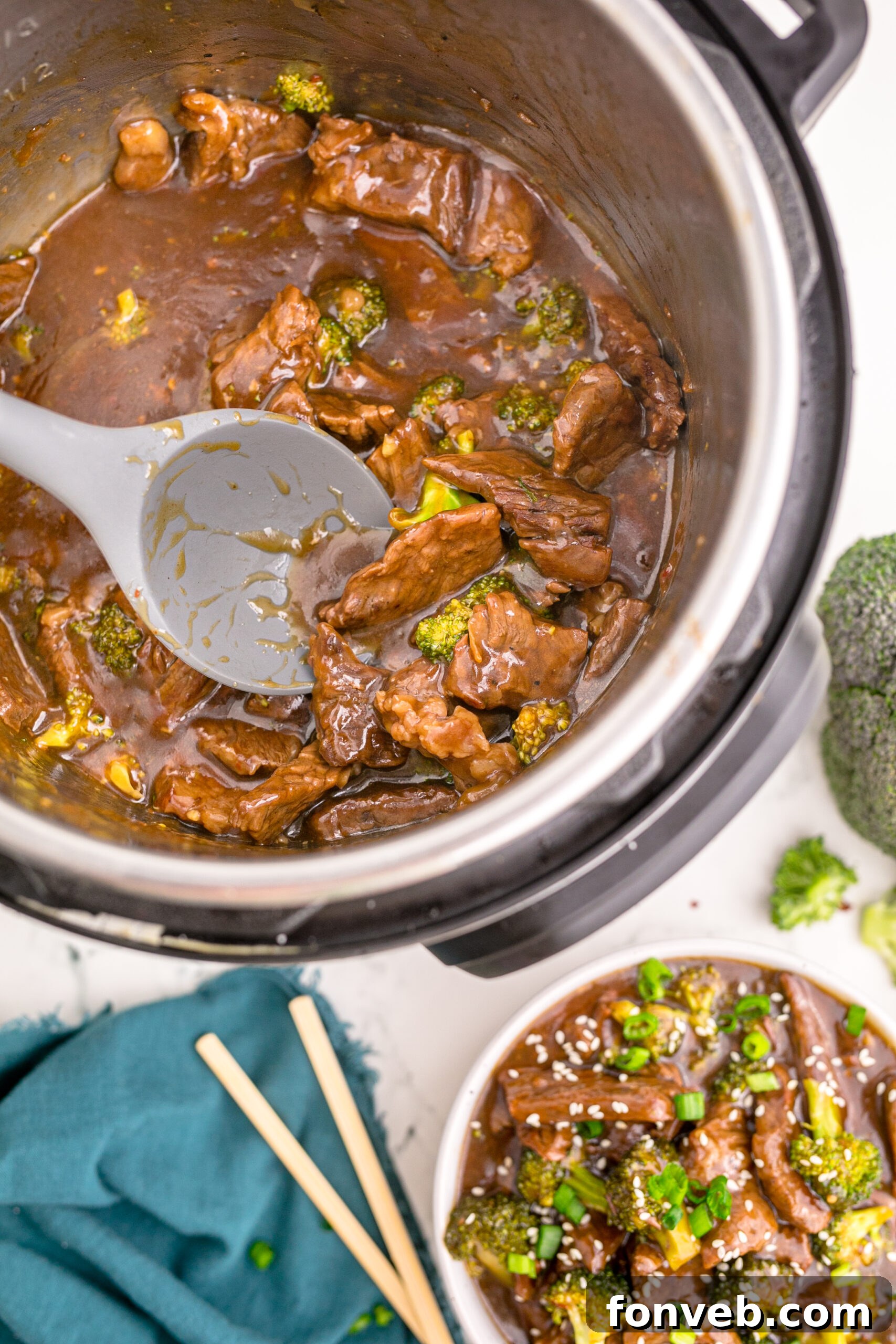Overhead view of Instant Pot Beef and Broccoli inside of an instant pot.