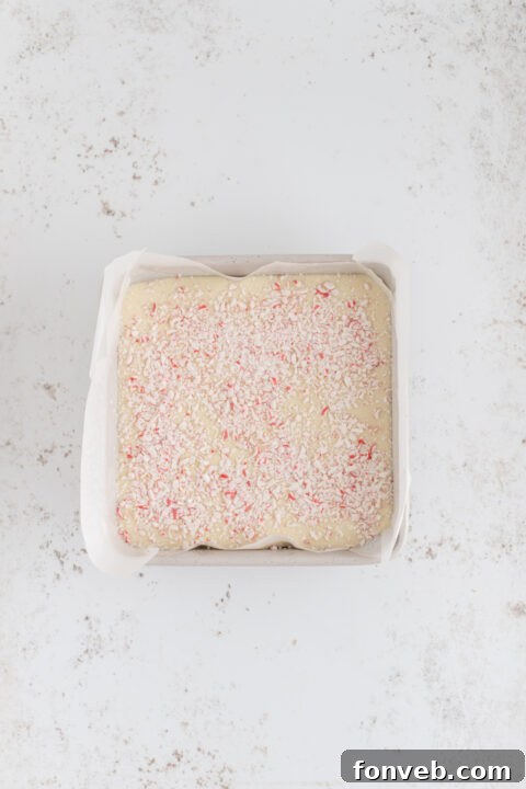 Sprinkling crushed candy canes over the fudge in a baking dish.