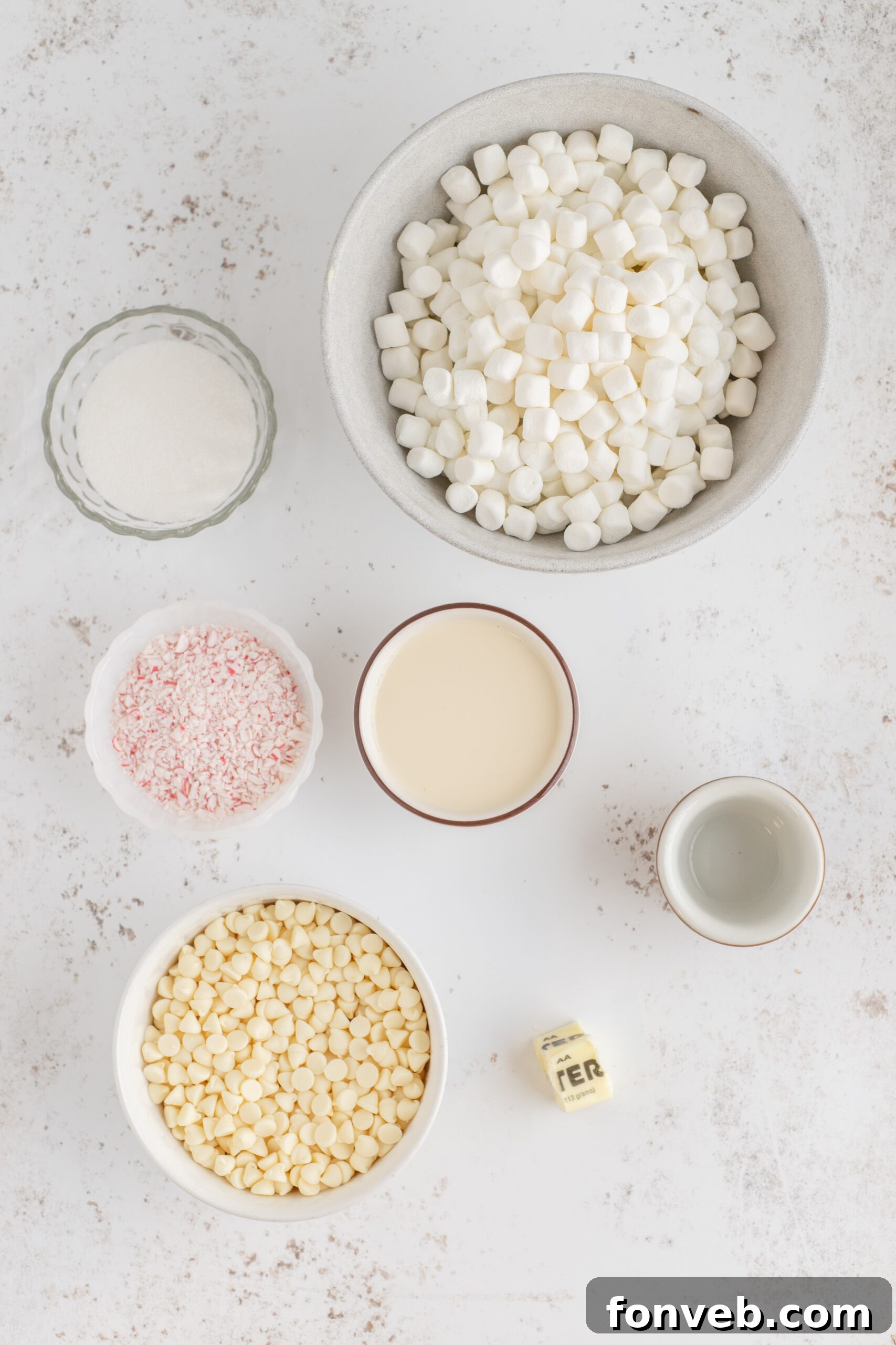 Overhead shot of all ingredients needed for this peppermint fudge recipe.