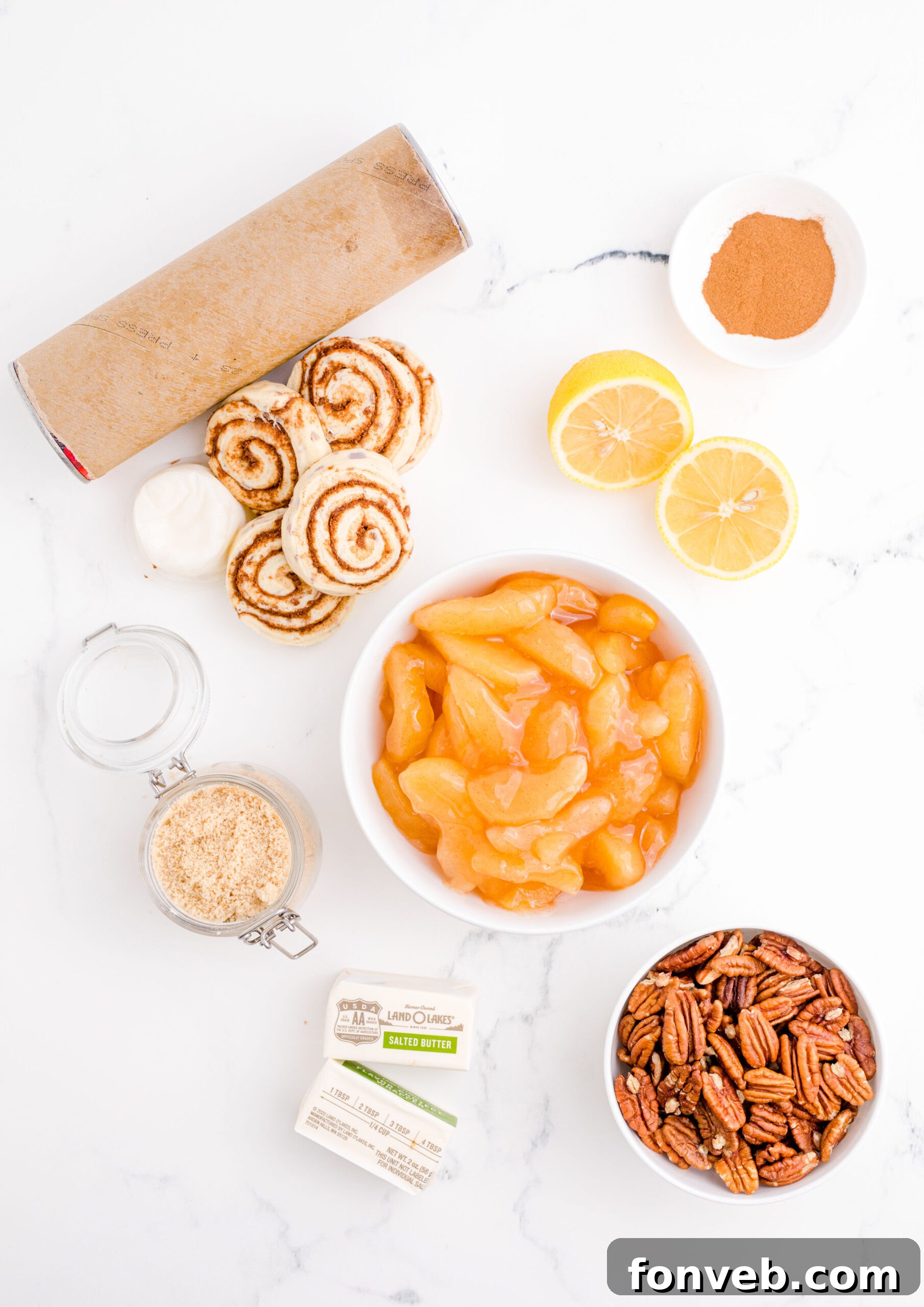 Irresistible Cinnamon Swirl Bake 6 Overhead view of all ingredients needed for this recipe.