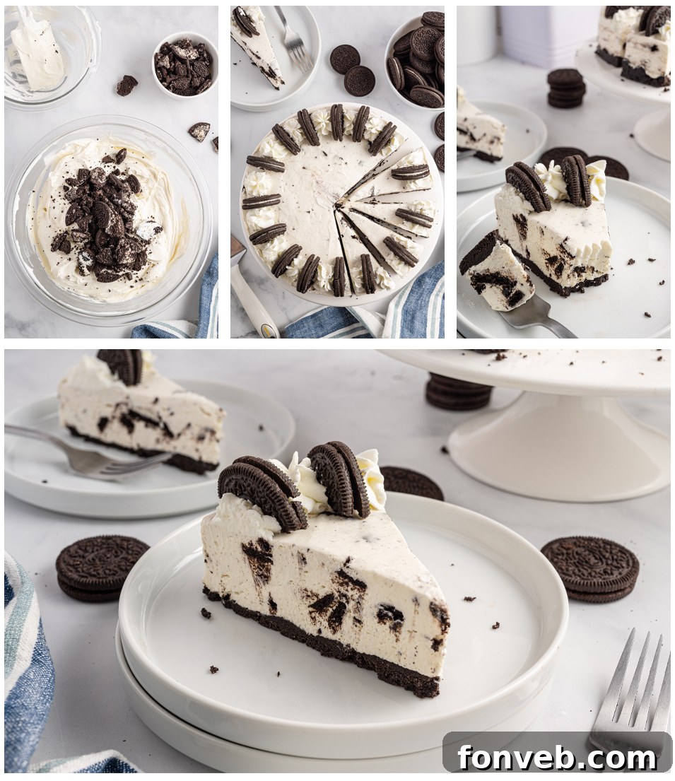 collage of the no bake oreo cheesecake showing all different angles and serving suggestions.