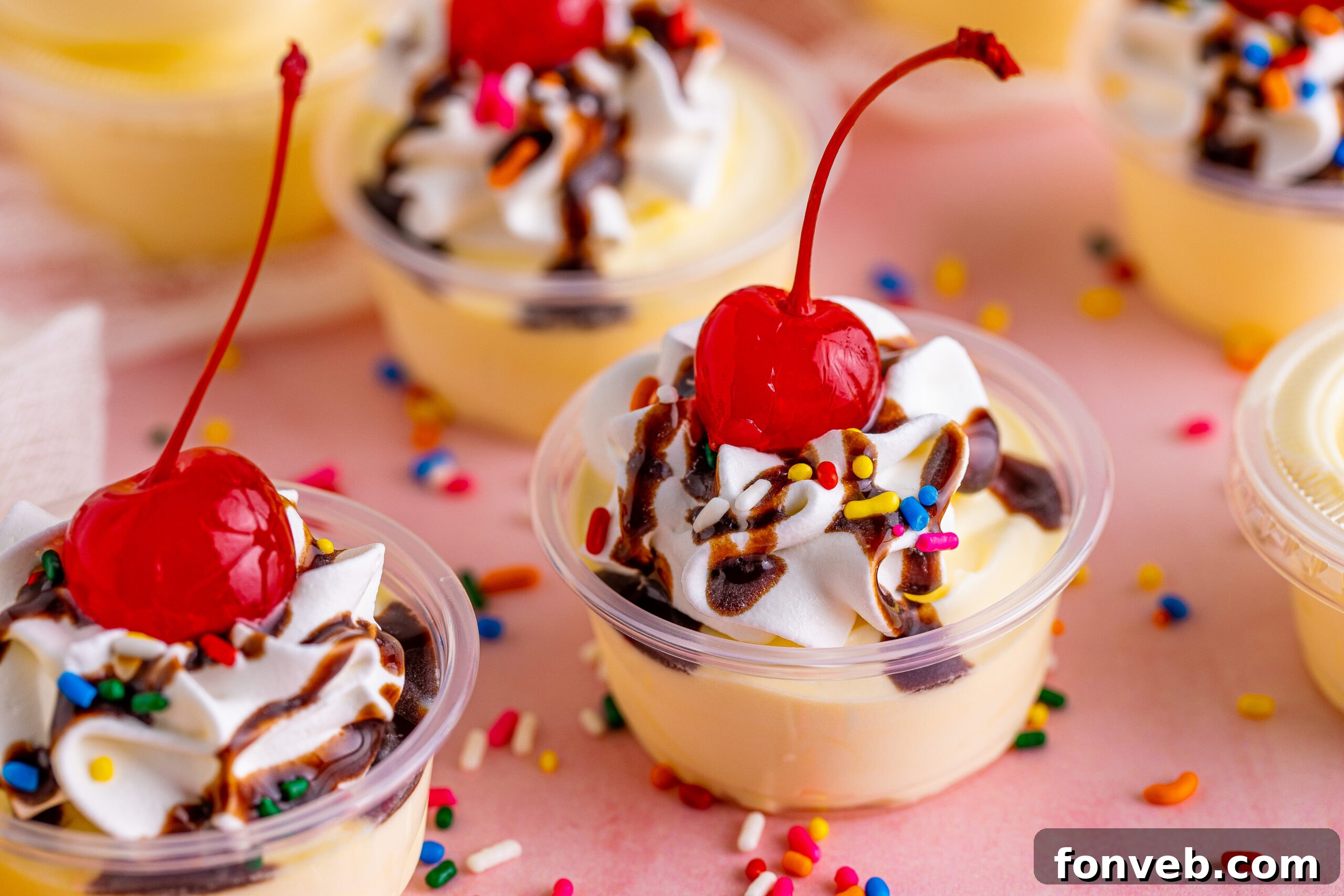 Mini Banana Split Delights 4 Close-up view of Banana Split Shots, showcasing the vibrant colors and appealing layers of pudding, whipped cream, and toppings.