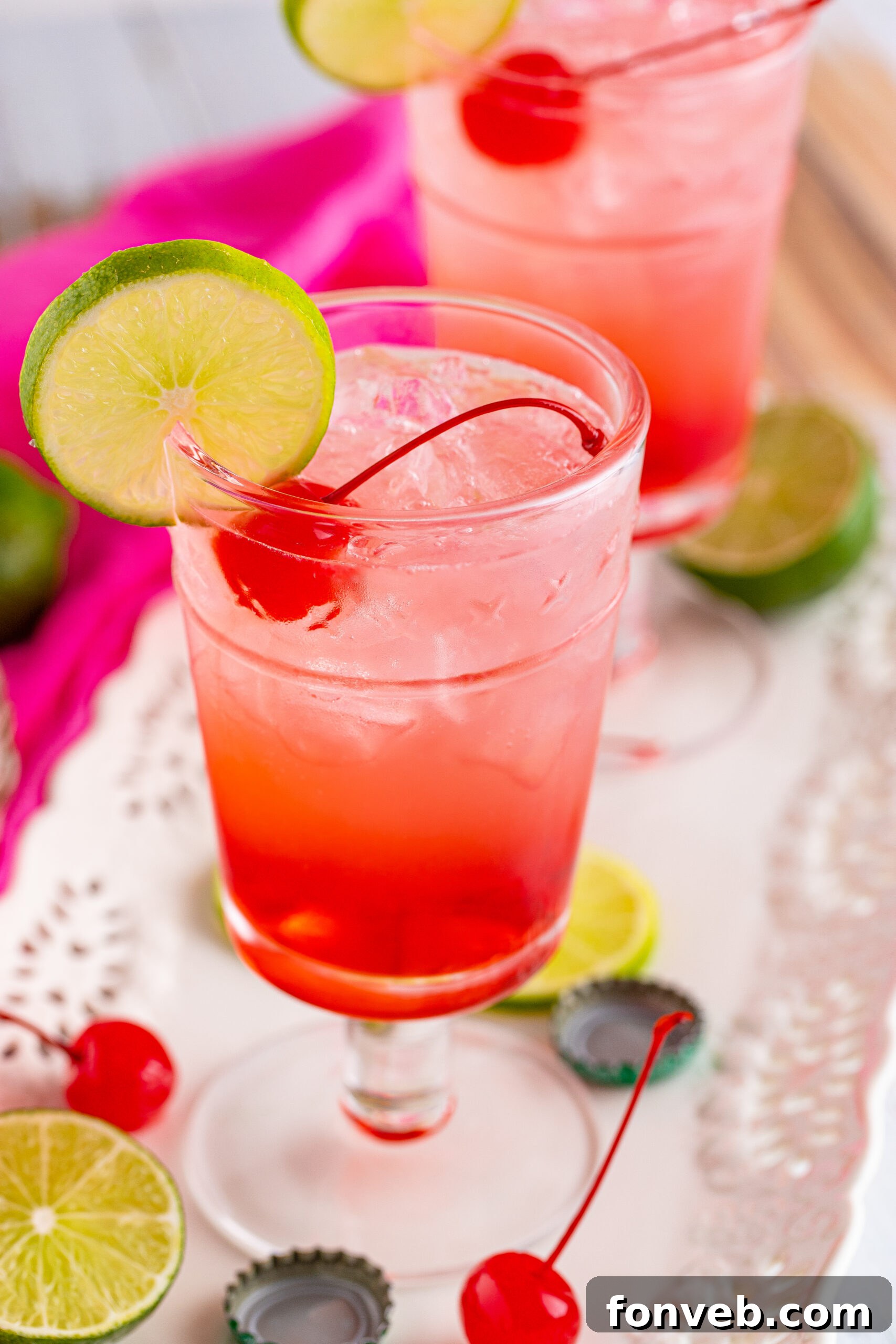 Close-up of a Dirty Shirley Temple cocktail, perfectly mixed and ready to enjoy.