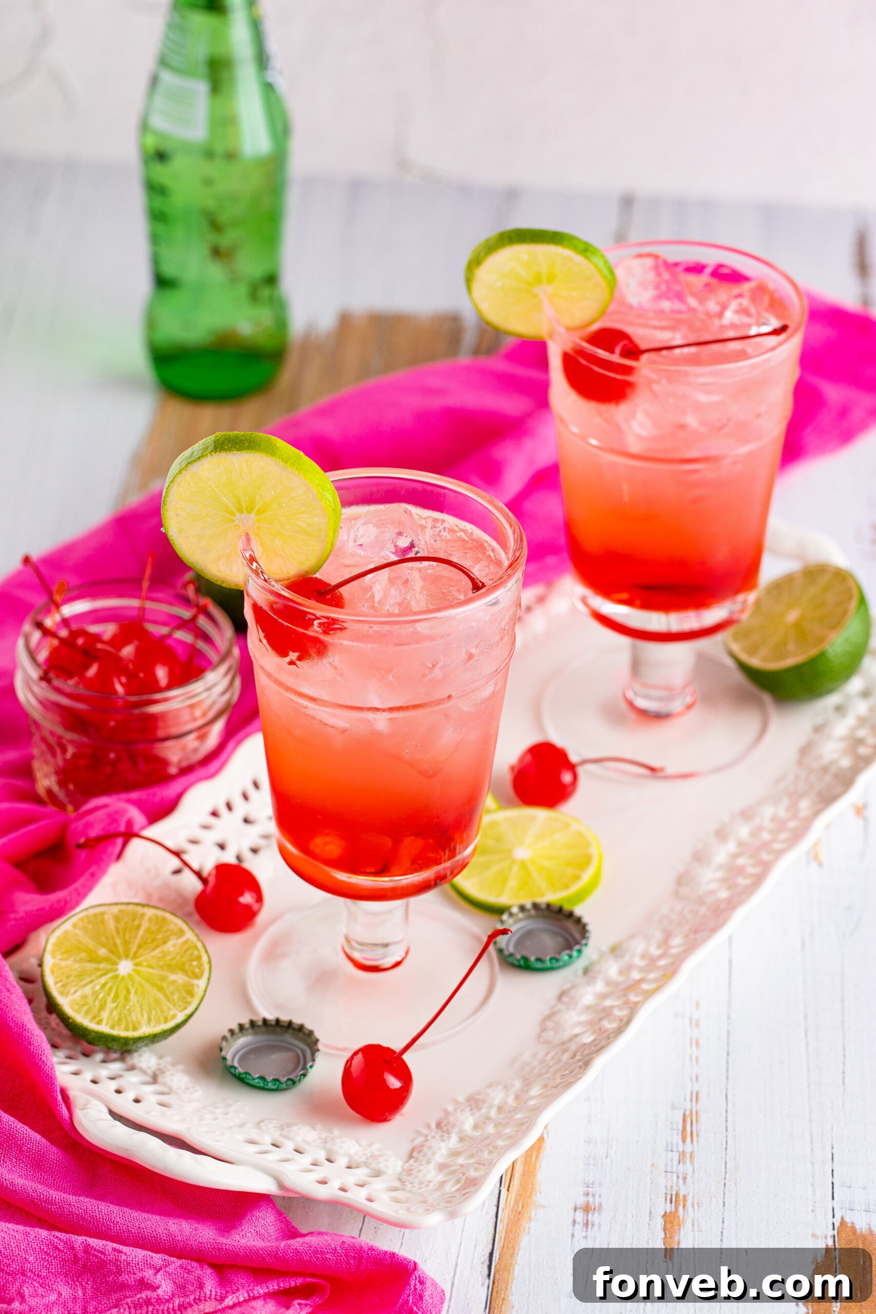 View of Dirty Shirley Temple garnished with a vibrant lime slice.