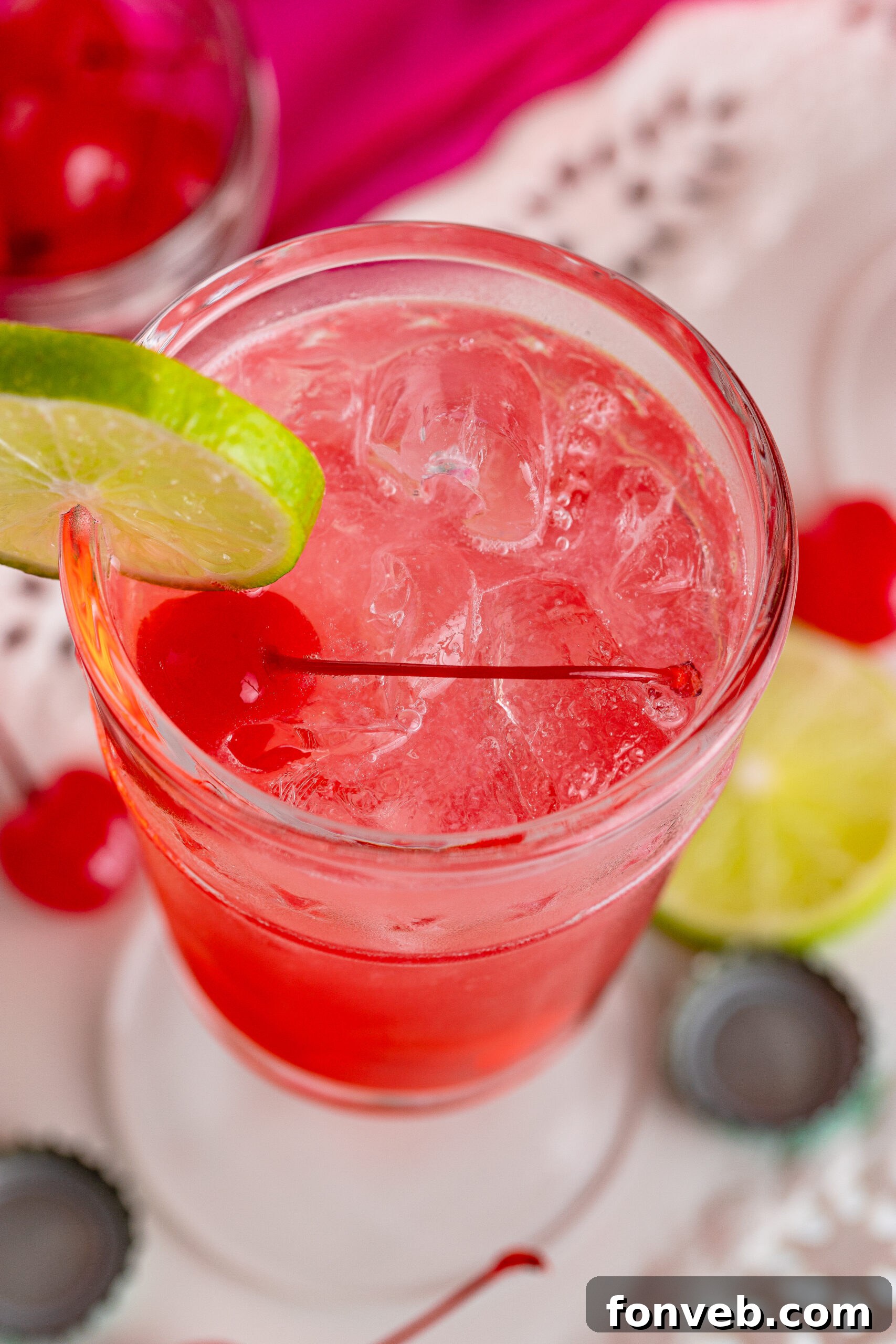 Overhead view of a beautifully garnished Dirty Shirley Temple cocktail.