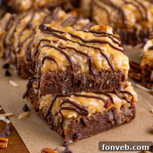 Close-up shot of a single German Chocolate Brownie, showcasing its rich, textured coconut and pecan topping on a rustic background.