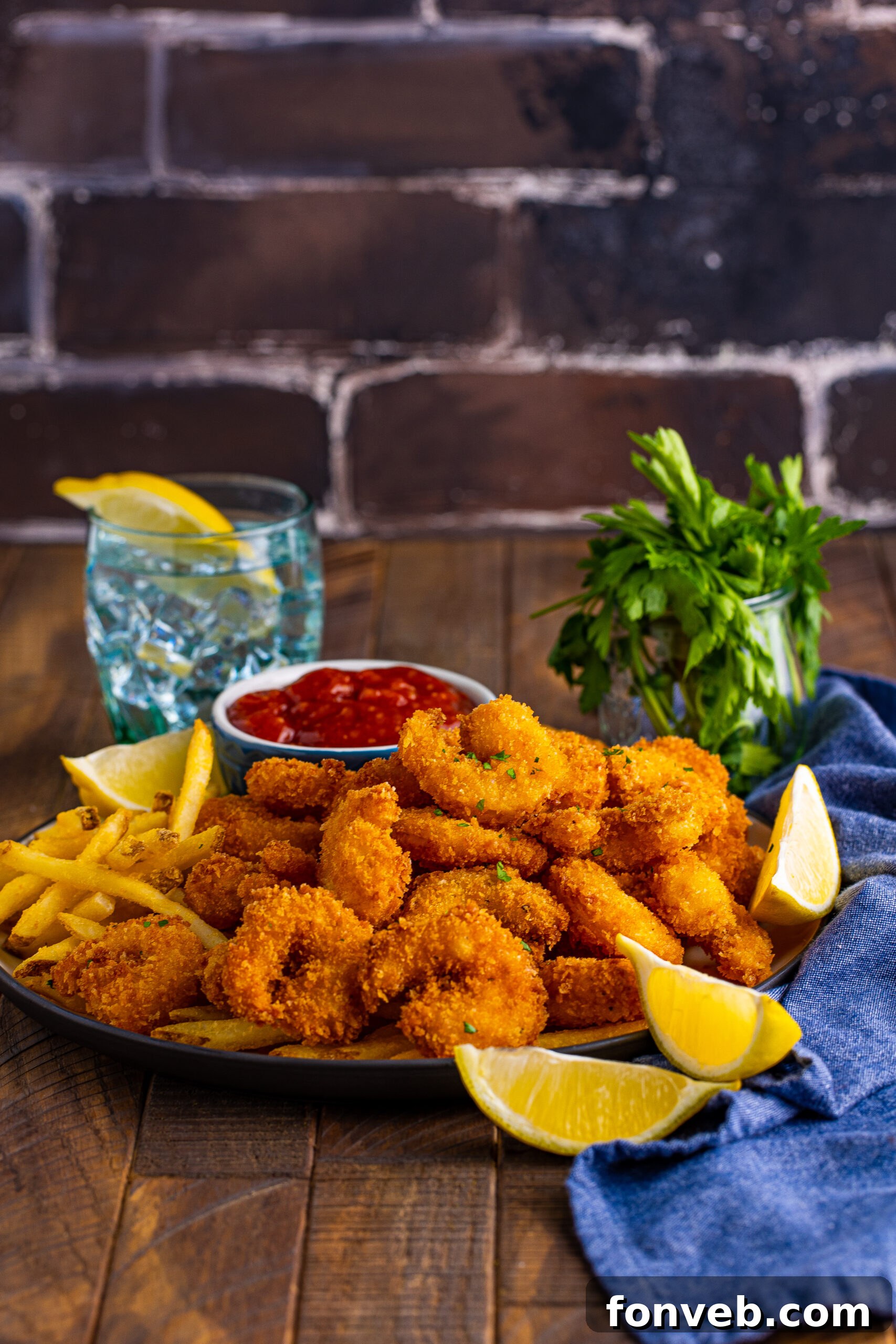 Front view of Panko Fried Shrimp on a dish served with french fries, cocktail sauce and lemon wedges.