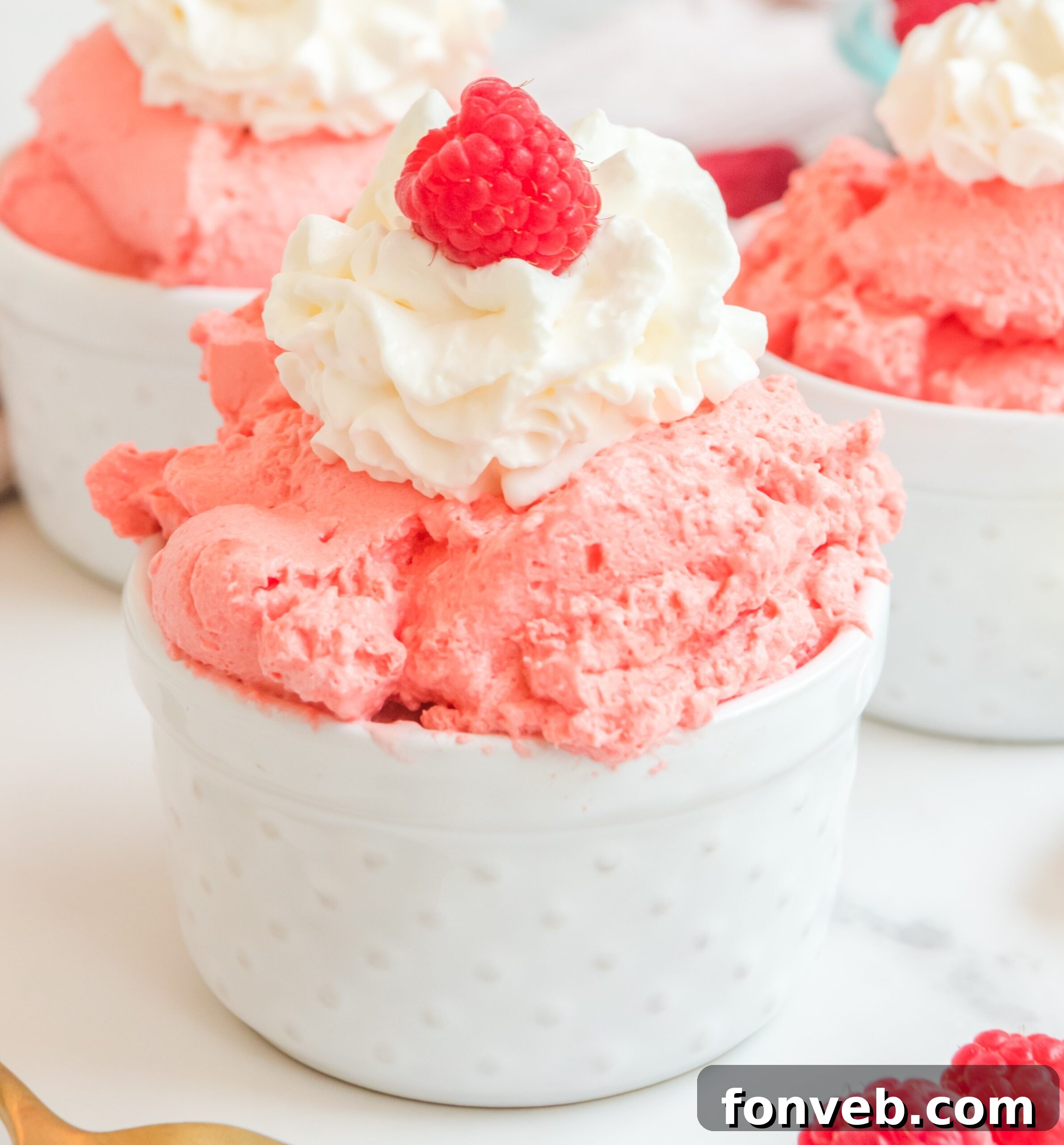 Luscious Raspberry Whip 14 Raspberry Fluff in a white bowl topped with whipped cream and a single fresh raspberry, beautifully presented.