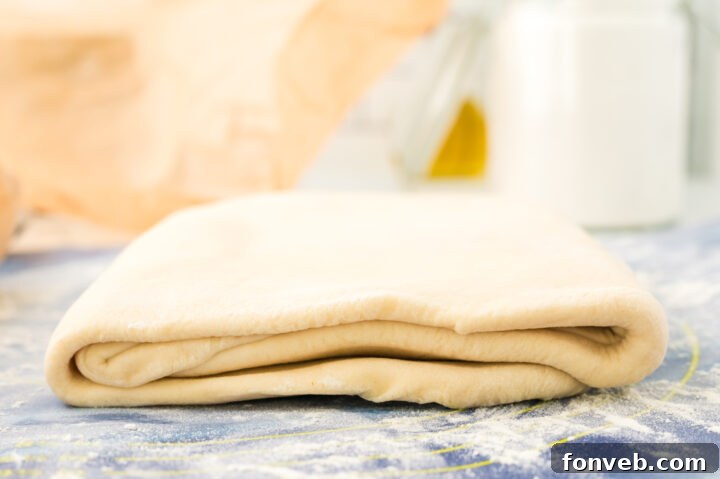 Dough folded over butter, showing the sealed edges before the first turn.