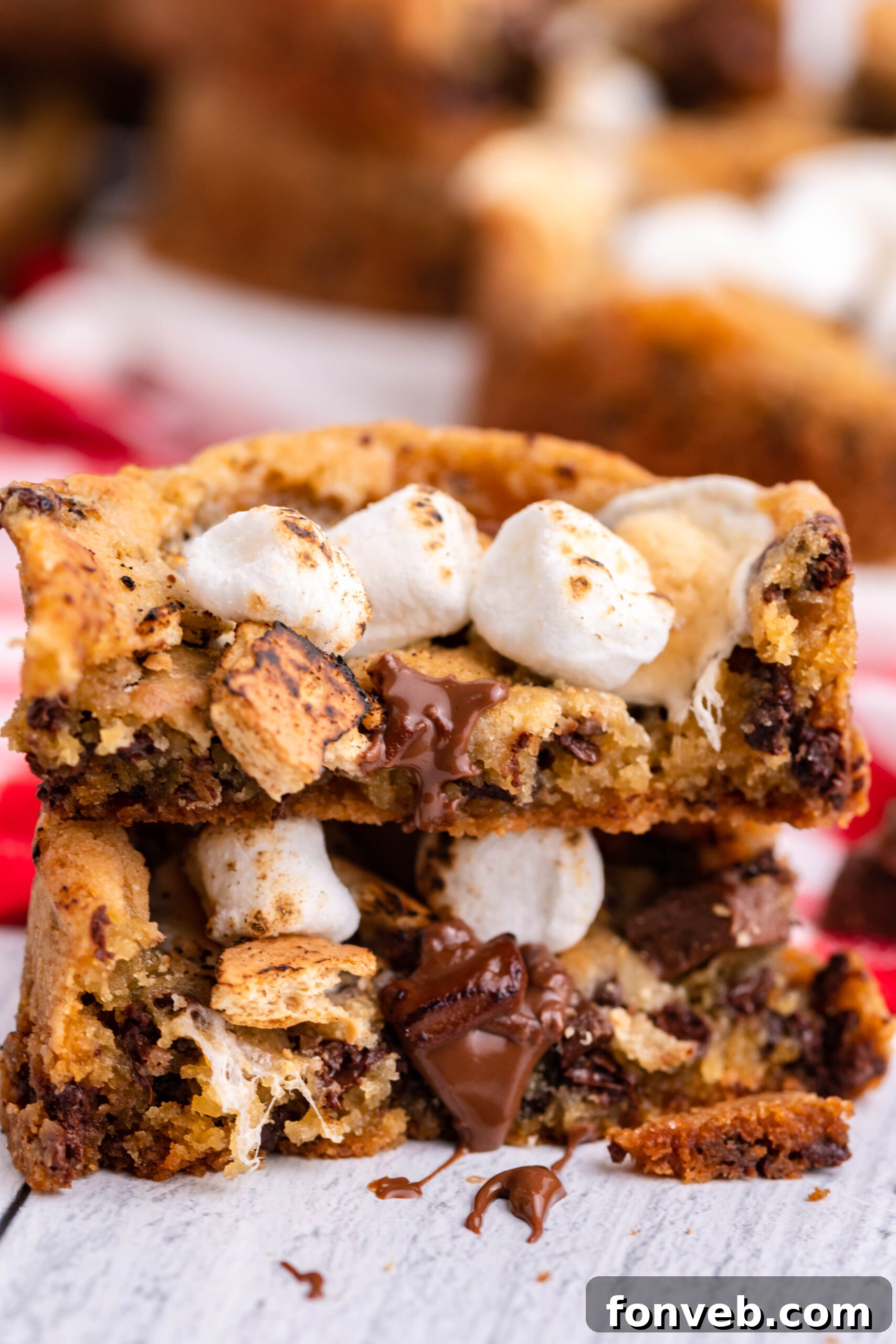Front view of two halves of Deep Dish S’mores Cookies stacked.