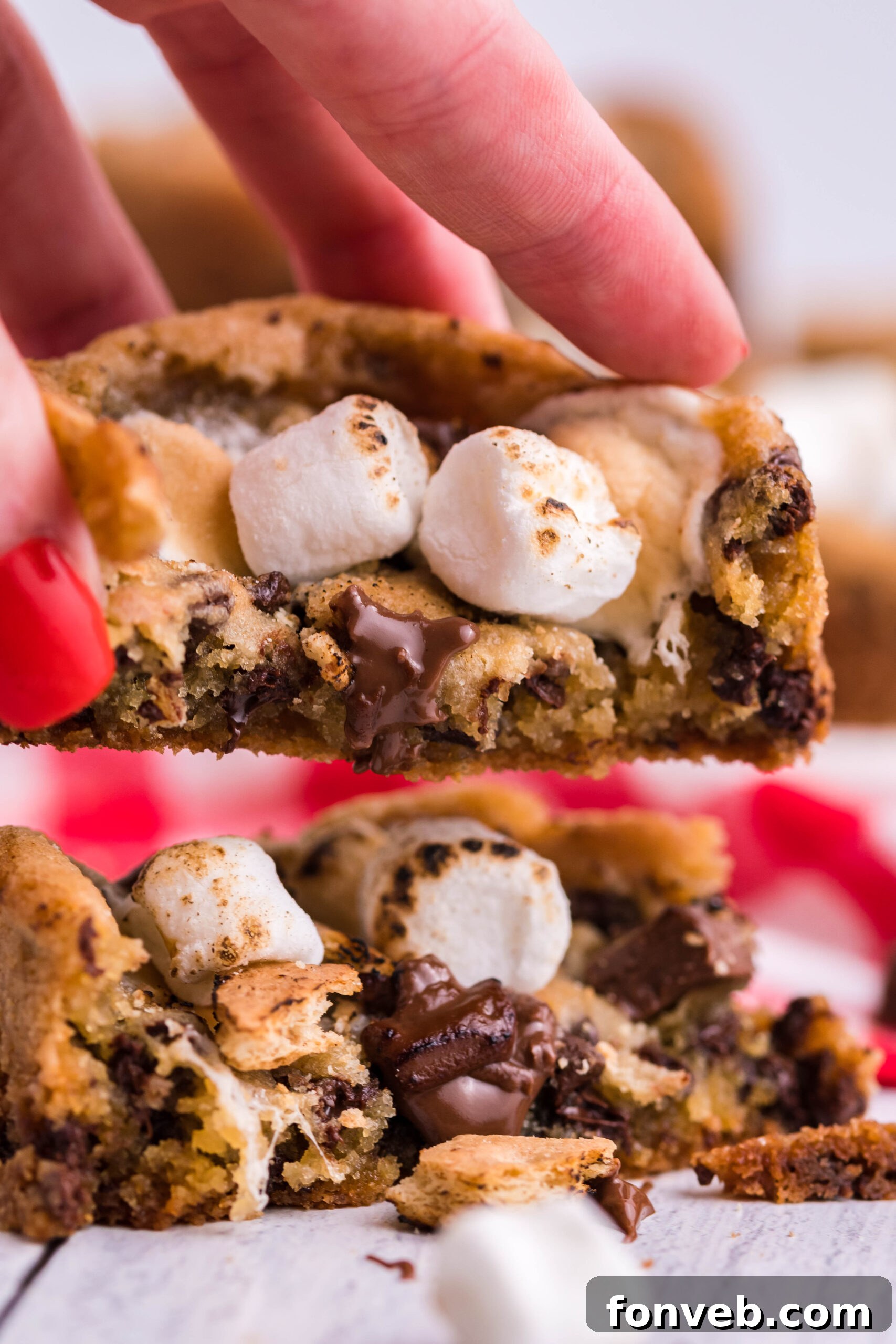 Front view of two halves of Deep Dish S’mores Cookies with one half being held.