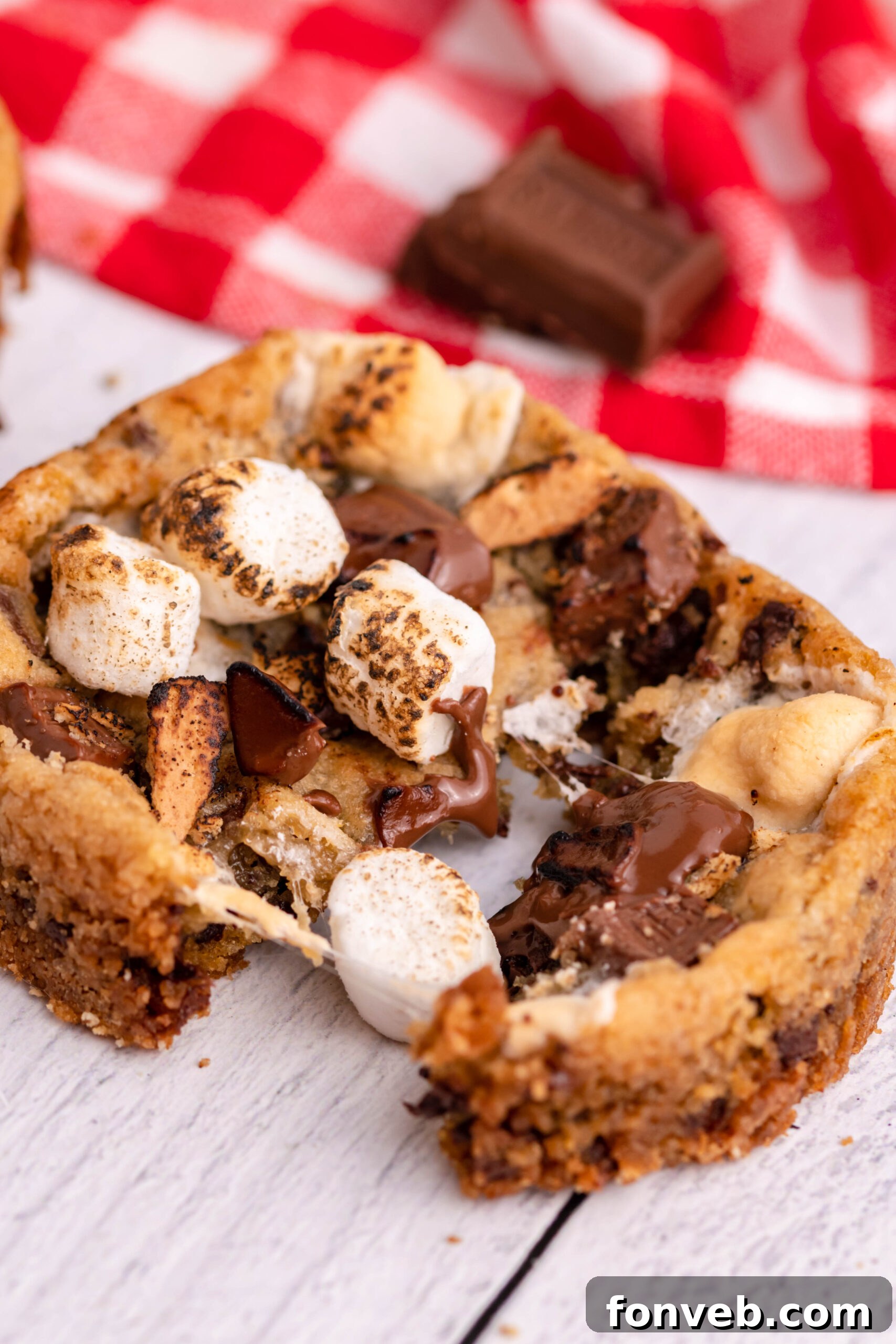 Close up view of Deep Dish S’mores Cookies split in half.