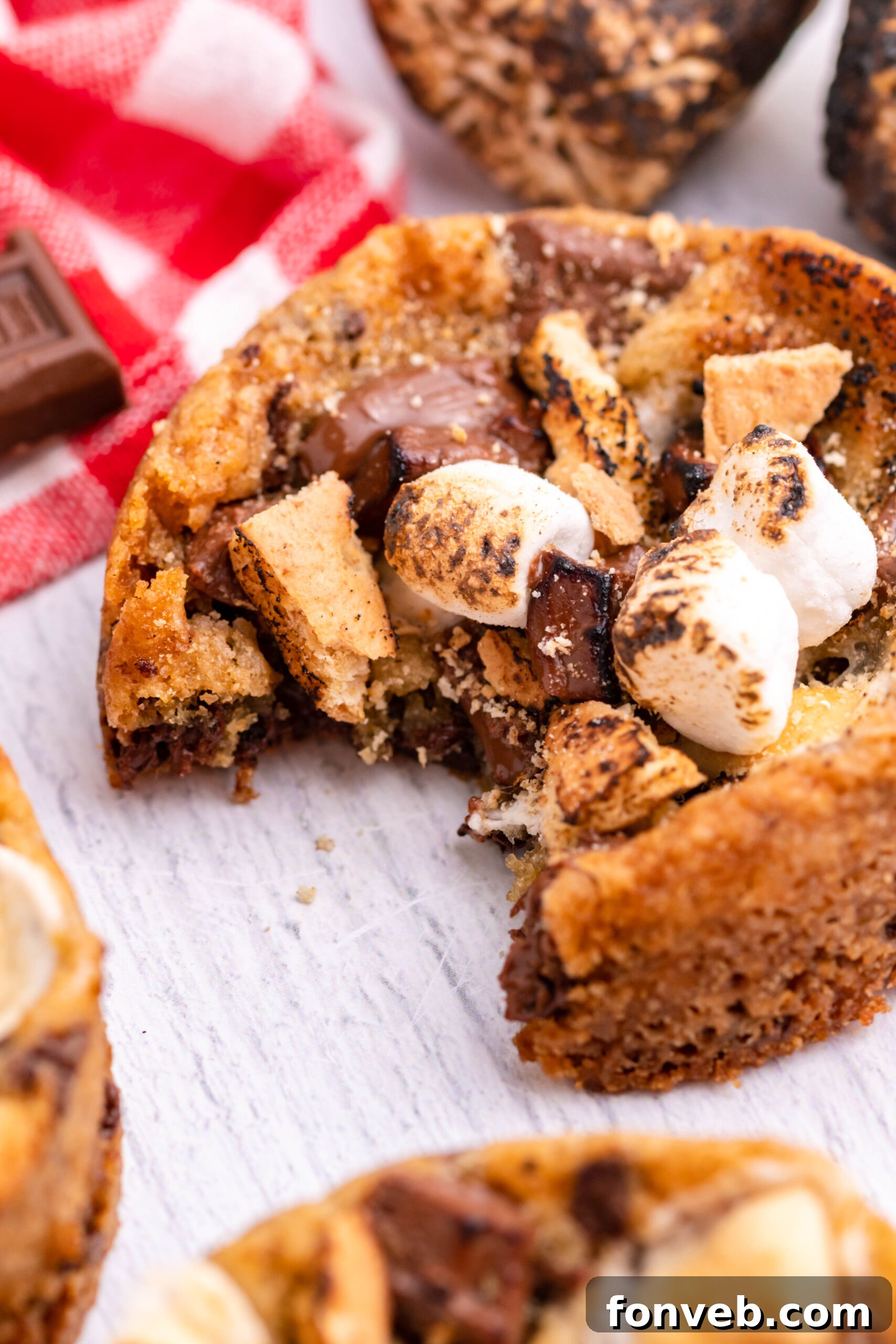 Overhead view of Deep Dish S’mores Cookies with a bite removed.