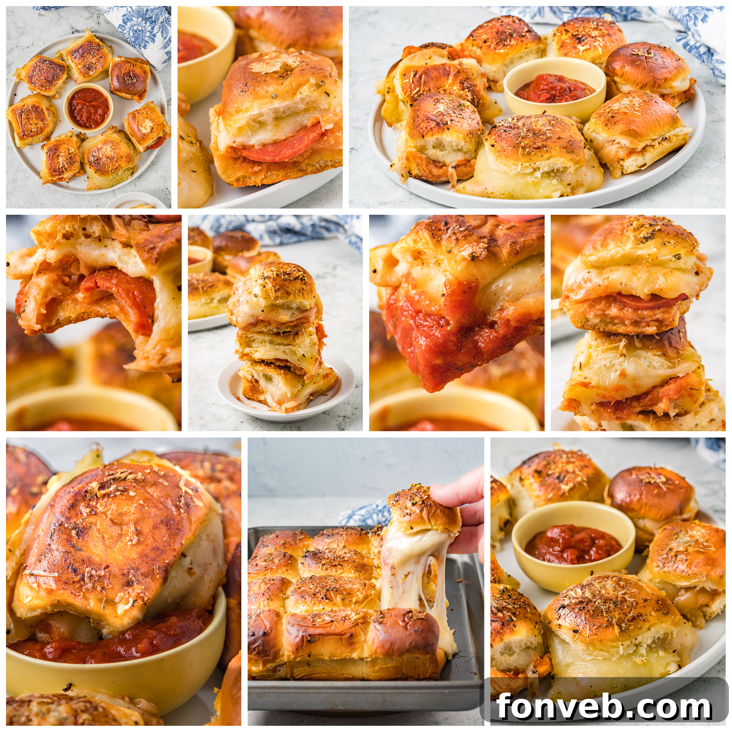 Ultimate Pizza Pull-Aparts 18 A collage of various photos showcasing the pepperoni pizza sliders, including close-ups and a full platter with marinara sauce.