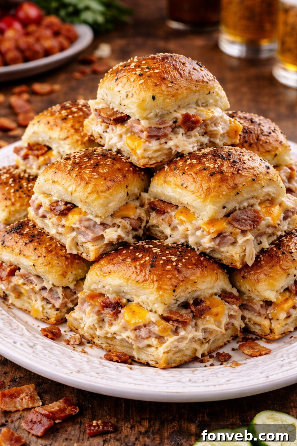 Front view of Crack Chicken Sliders stacked on a white plate.