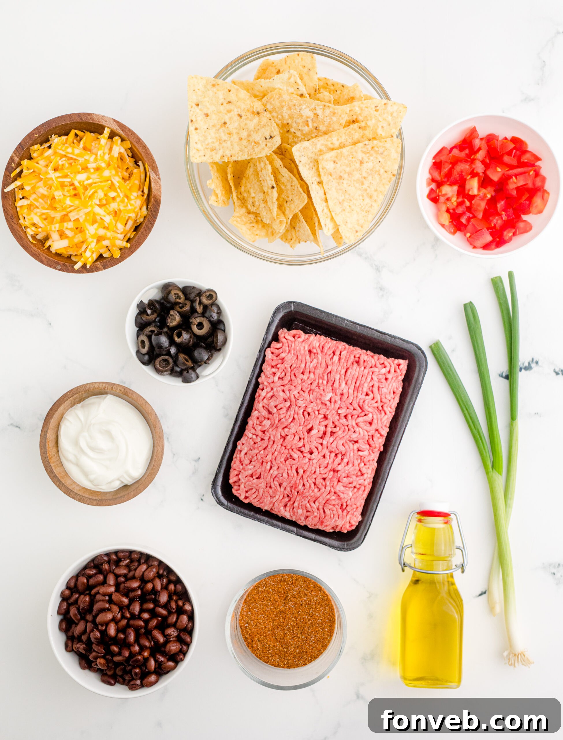 Ultimate Air Fryer Nachos 8 Overhead view of the ingredients needed to complete this recipe.