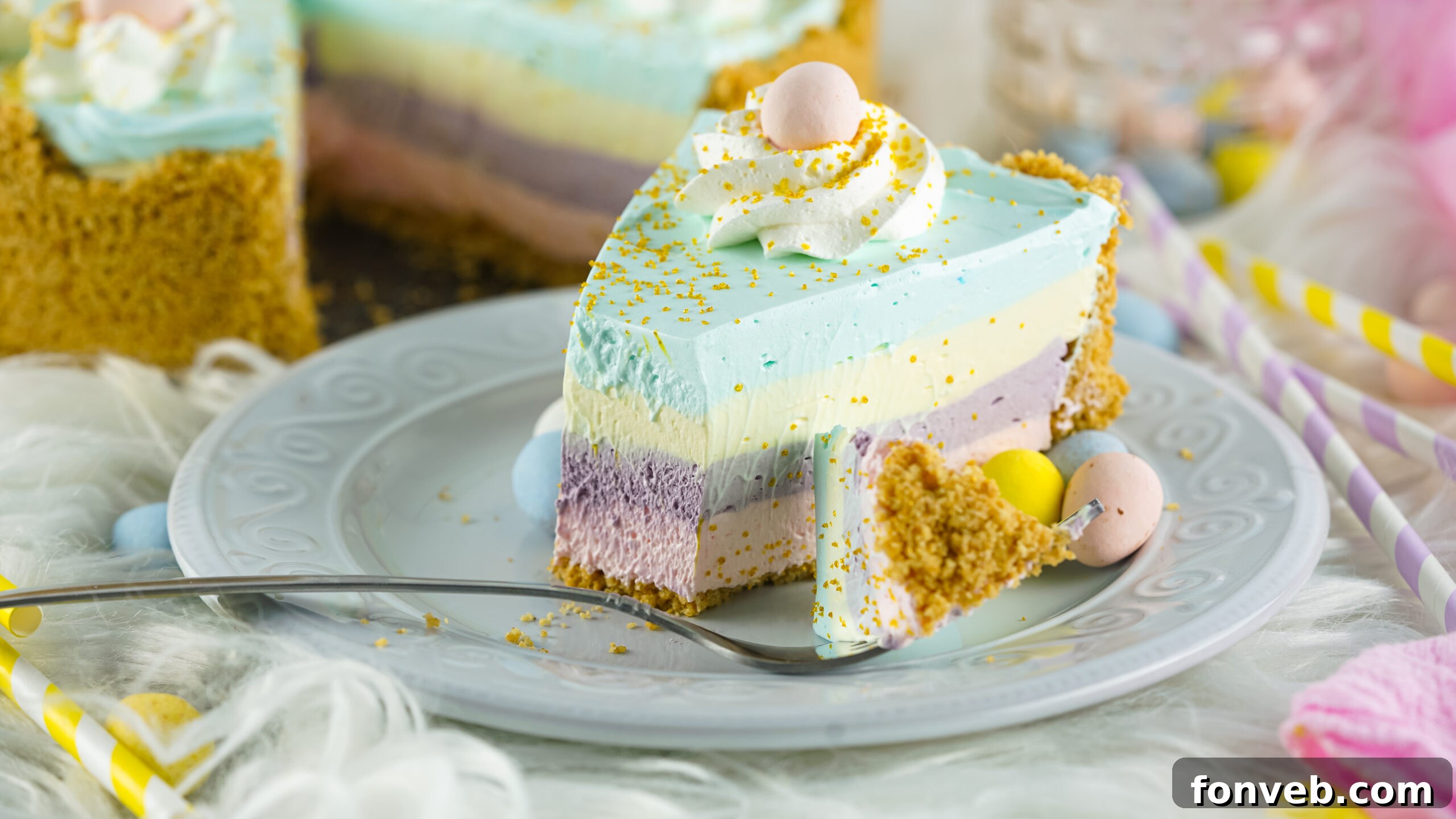 Zesty Easter Kool-Aid Pie 15 Side view of a perfectly cut slice of Easter Kool Aid Pie resting on a bright blue plate, ready to be enjoyed.