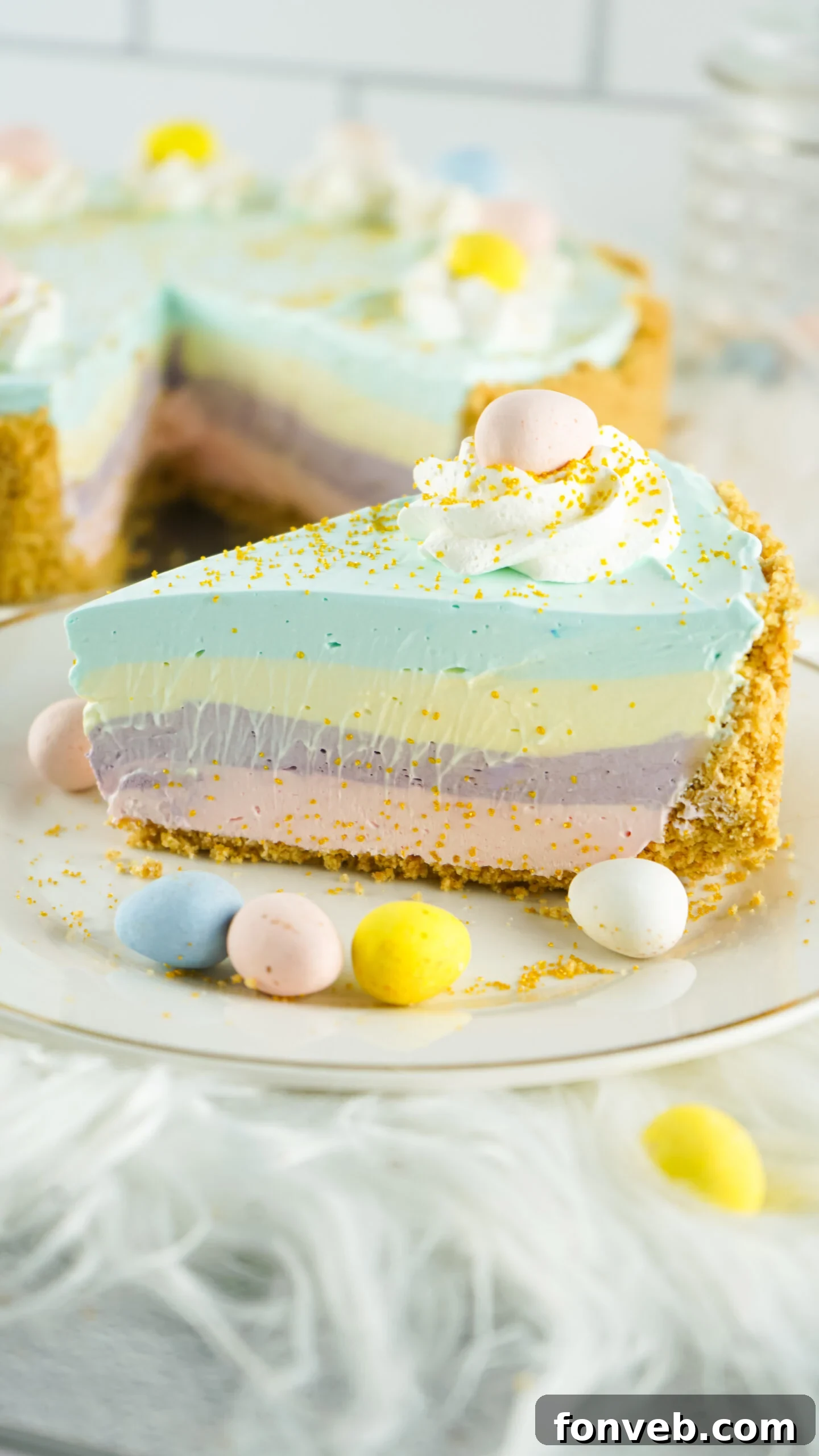 Zesty Easter Kool-Aid Pie 17 A pristine slice of Easter Kool Aid Pie presented beautifully on a simple white plate, ready for serving.