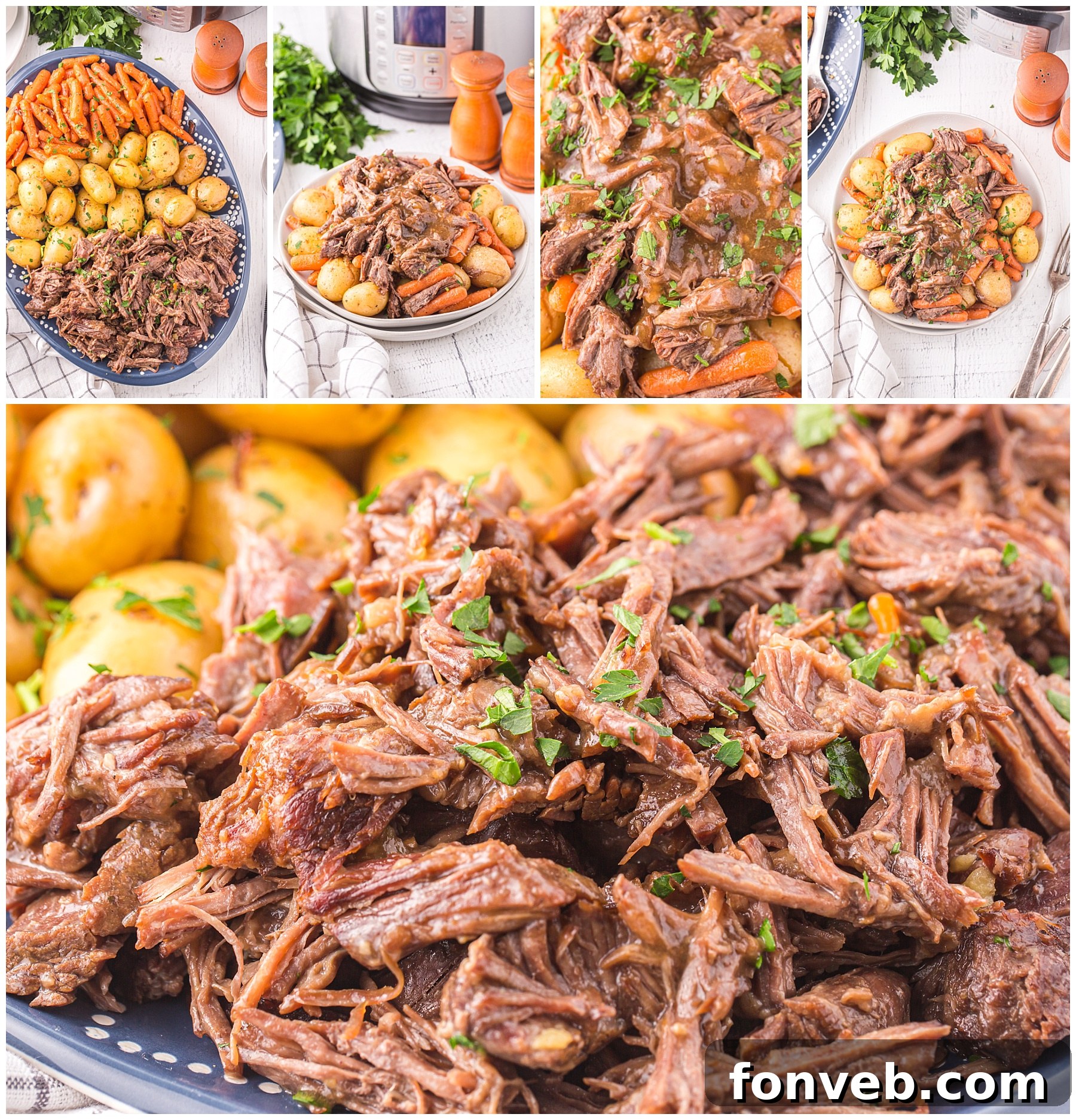 Melt-in-Your-Mouth Instant Pot Pot Roast 12 Collage showing the pot roast at all different angles