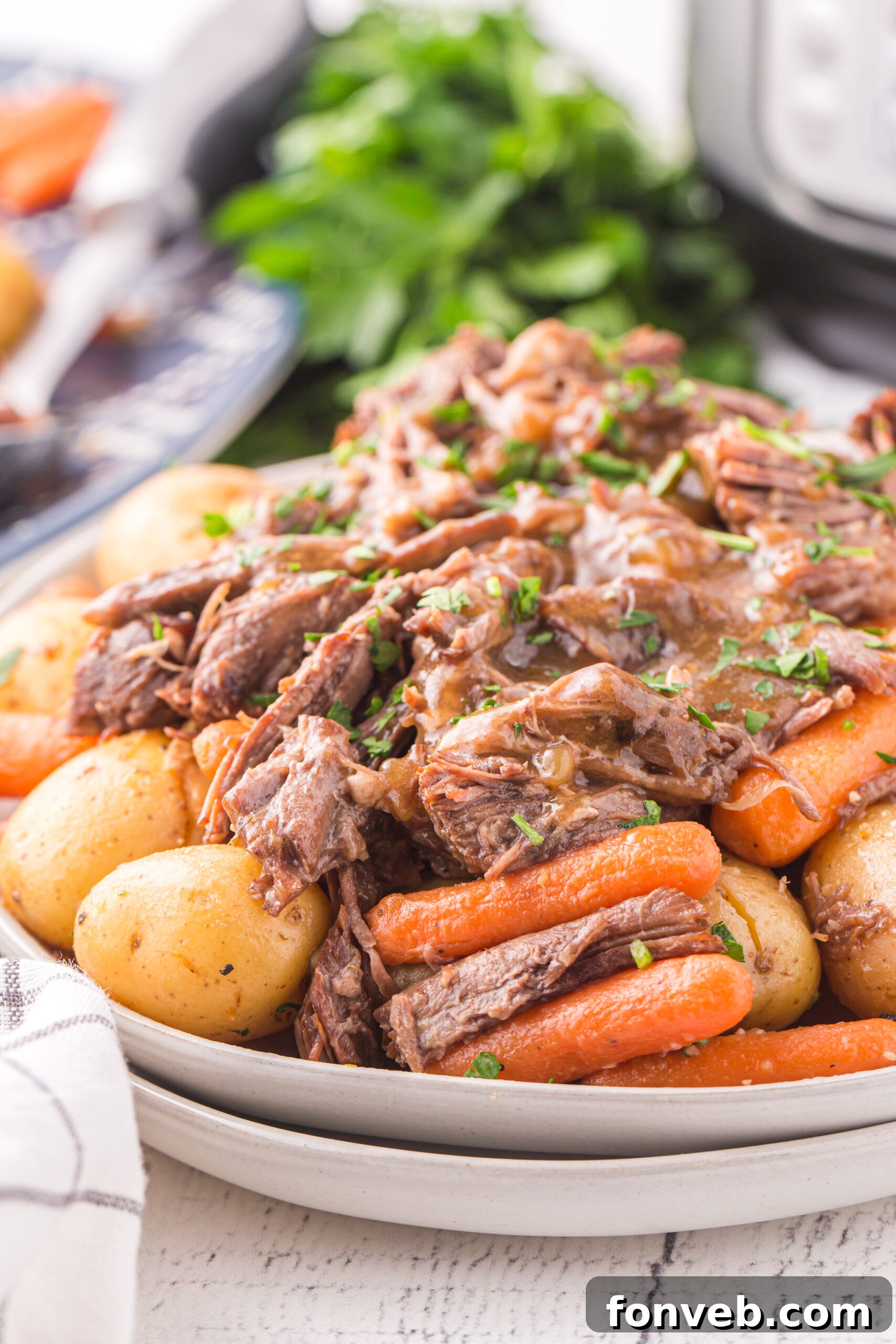 Melt-in-Your-Mouth Instant Pot Pot Roast 13 Pot Roast with potatoes and carrots on a white plate.