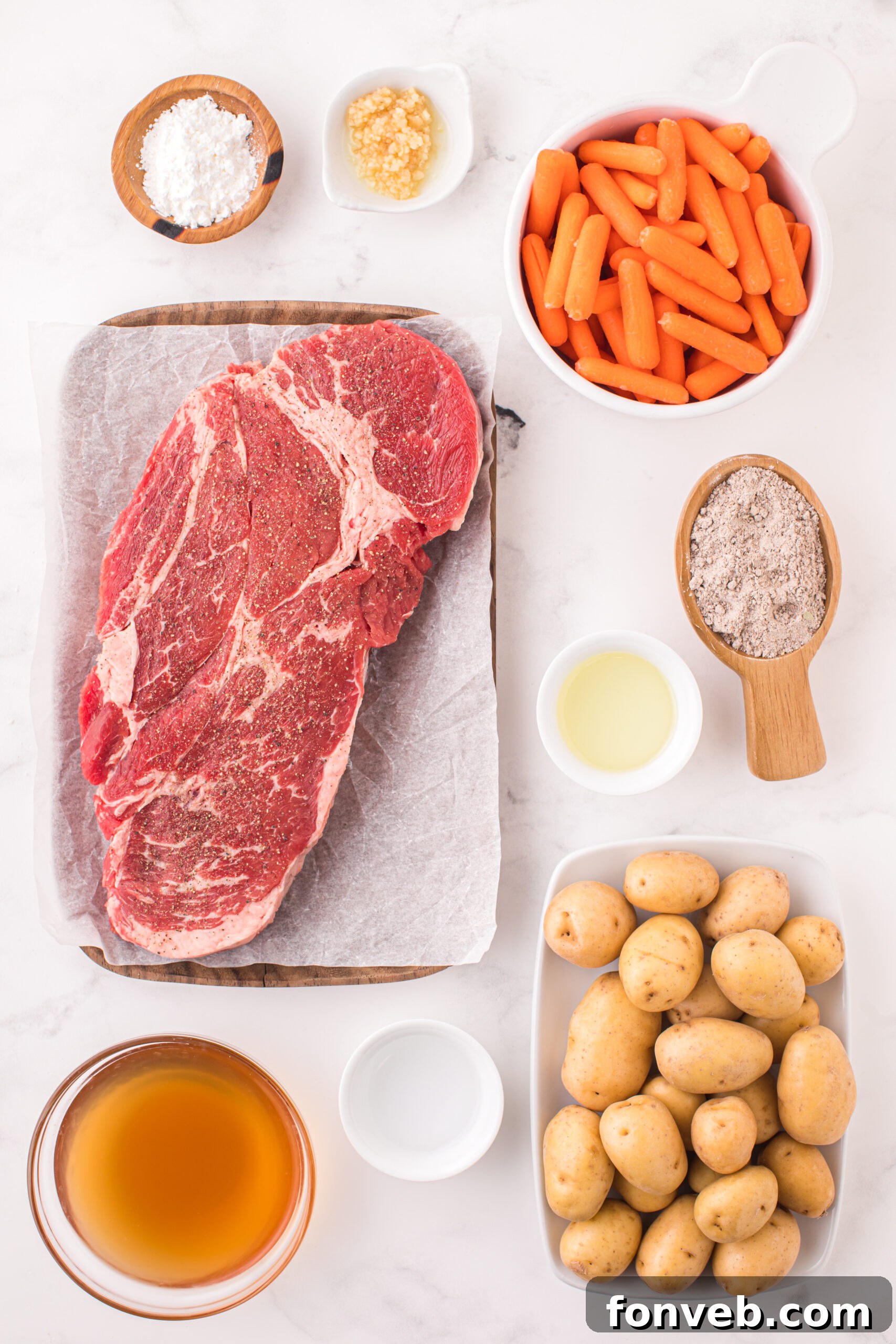 Melt-in-Your-Mouth Instant Pot Pot Roast 5 Overhead view of all ingredients needed for this recipe.
