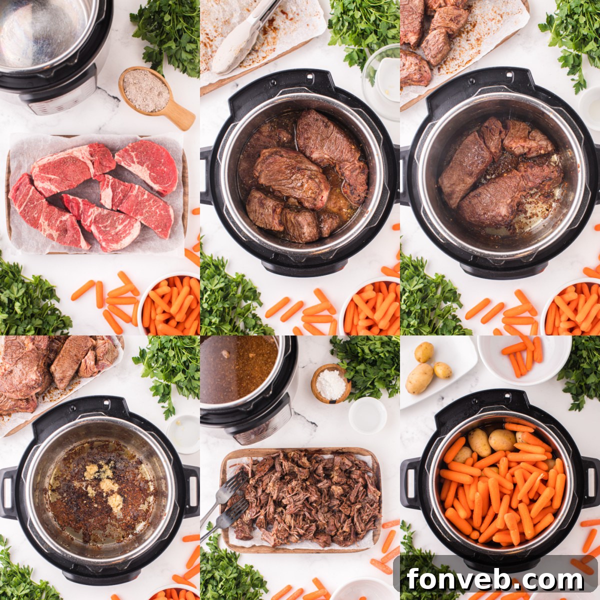 Melt-in-Your-Mouth Instant Pot Pot Roast 6 Collage of 6 photos showing the instructional steps how to make the recipe