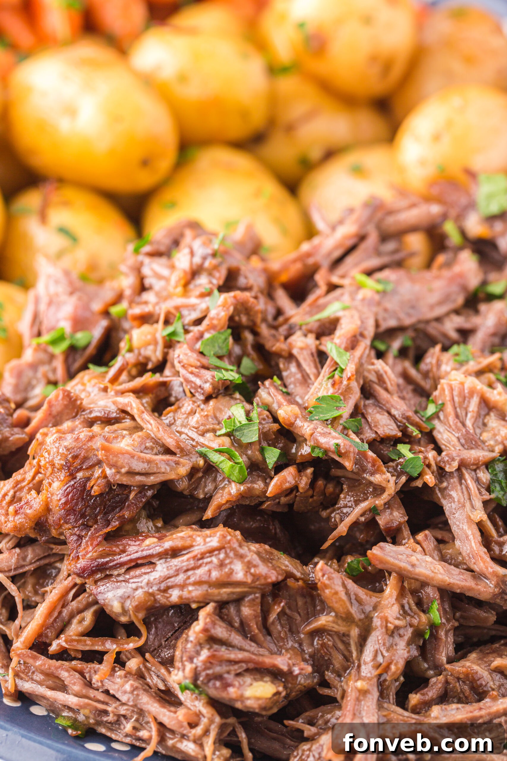 Melt-in-Your-Mouth Instant Pot Pot Roast 10 Close up of the Roast topped with fresh parsley.
