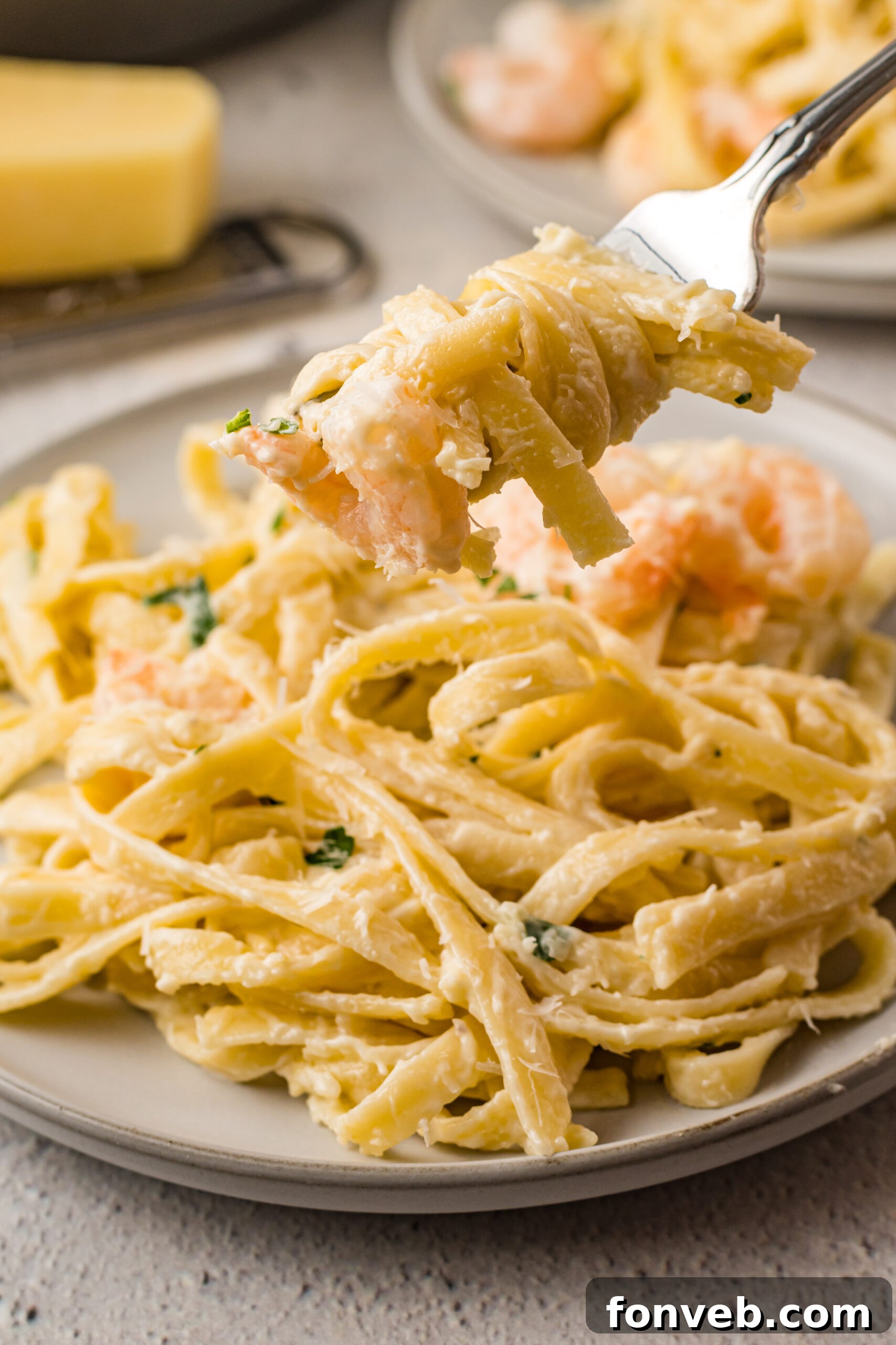 Front view of Shrimp Alfredo swirled around a silver fork.