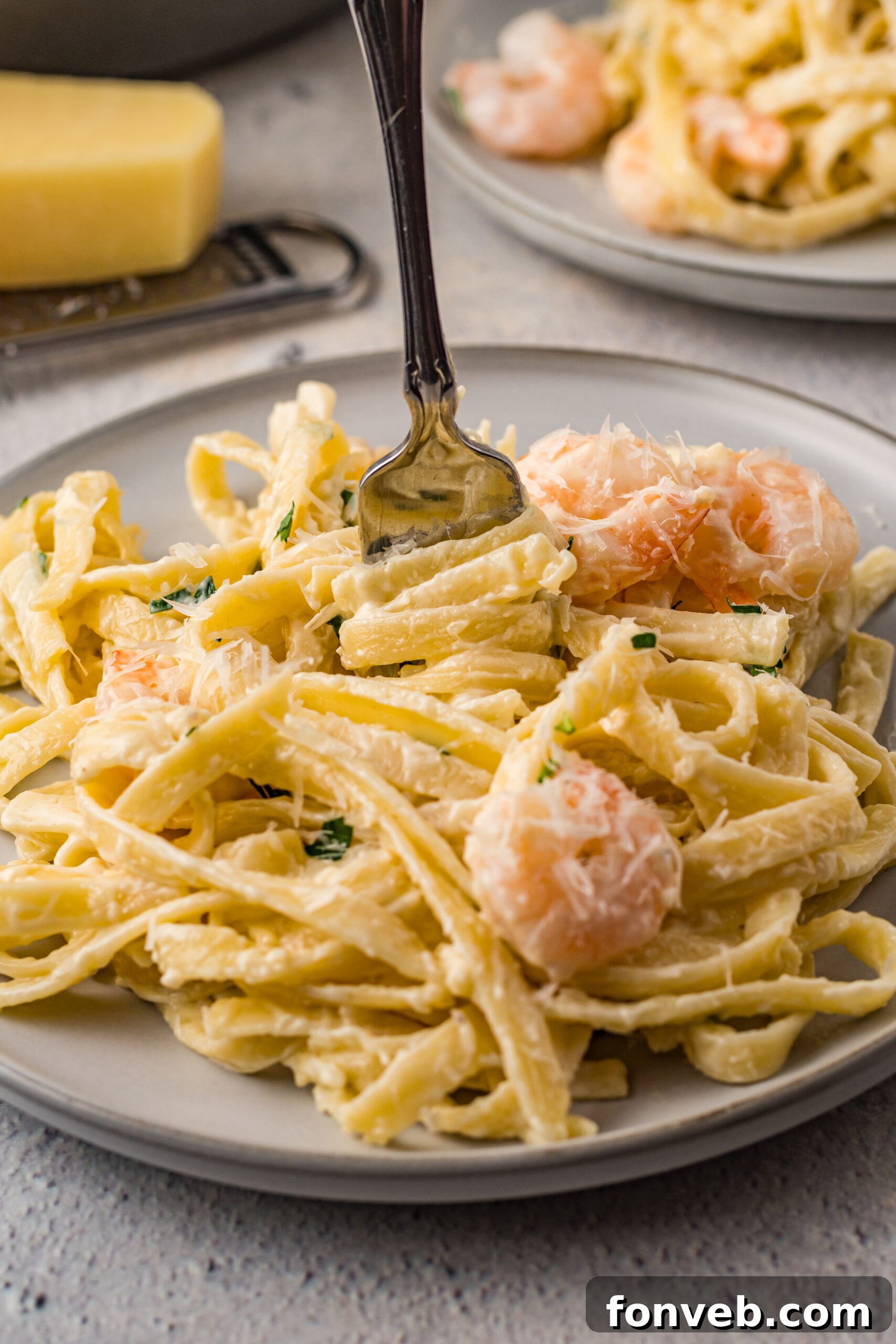 Front view of Shrimp Alfredo being swirled around a silver fork.