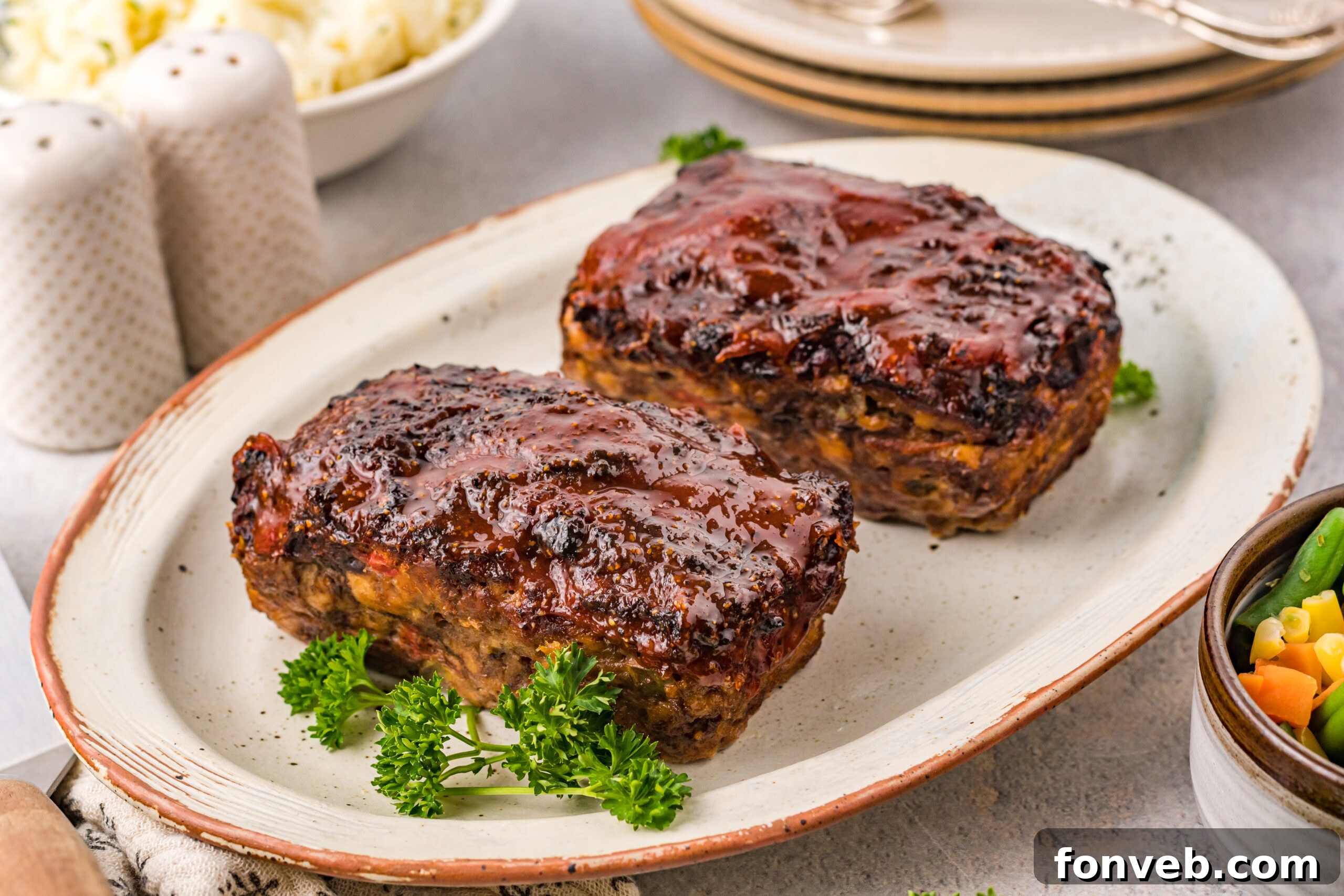 Side view of Cracker Barrel Meatloaf on a serving dish.