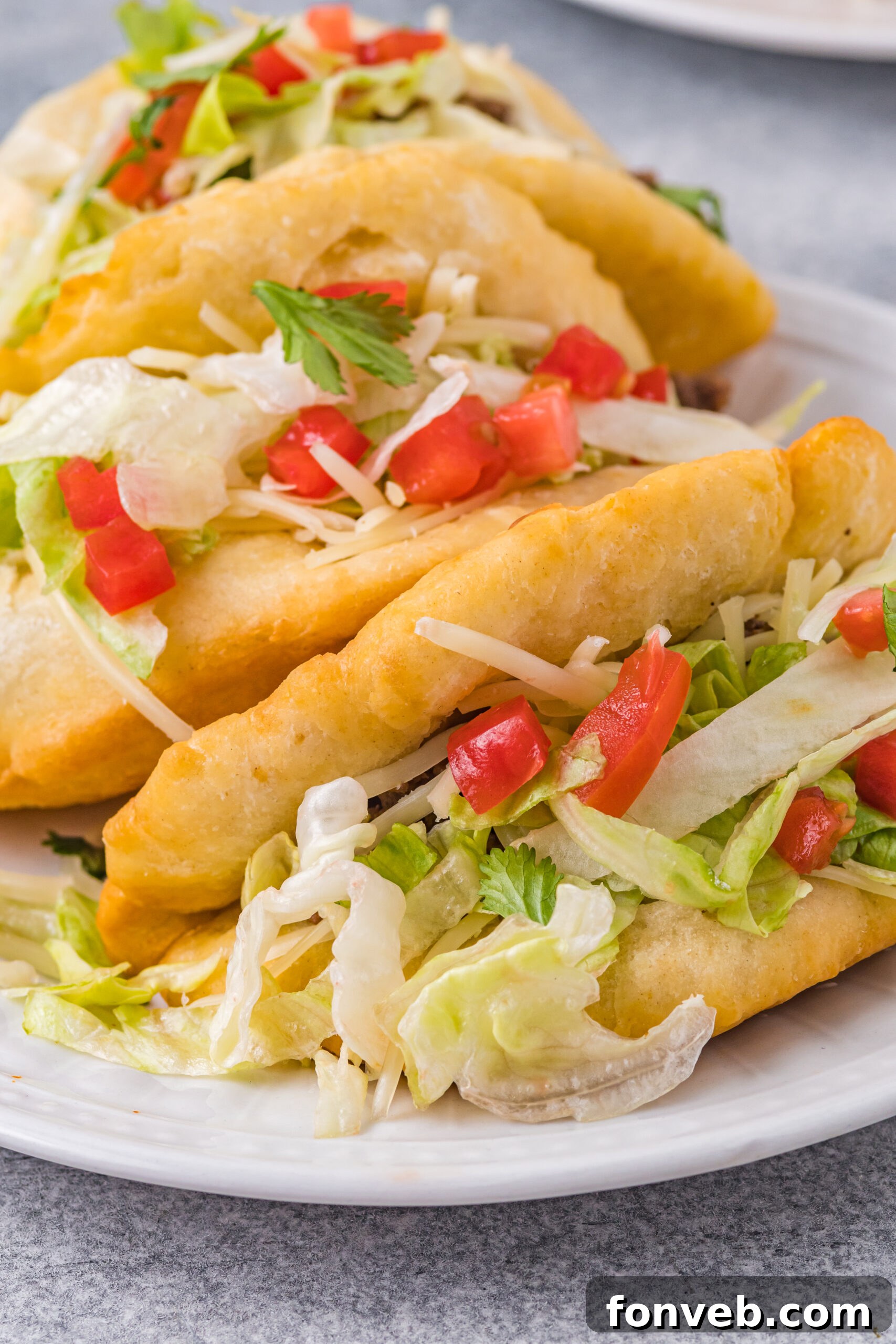 An up-close, mouth-watering view of a single homemade Taco Bell Chalupa on a white plate, showing the rich details of the beef, toppings, and the distinct shell texture.