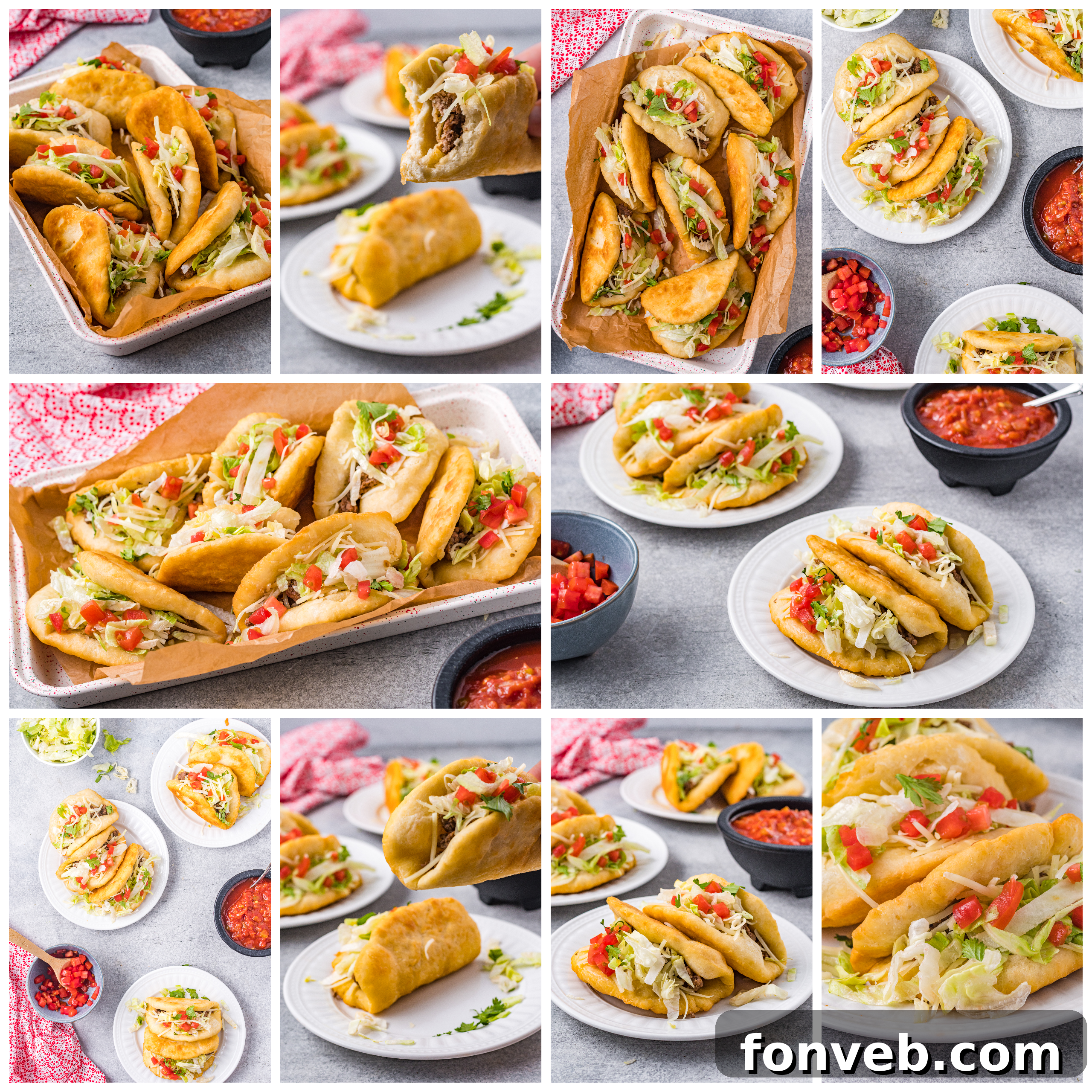 A creative collage featuring multiple views of Taco Bell Chalupas, highlighting different angles and stages of preparation and serving.