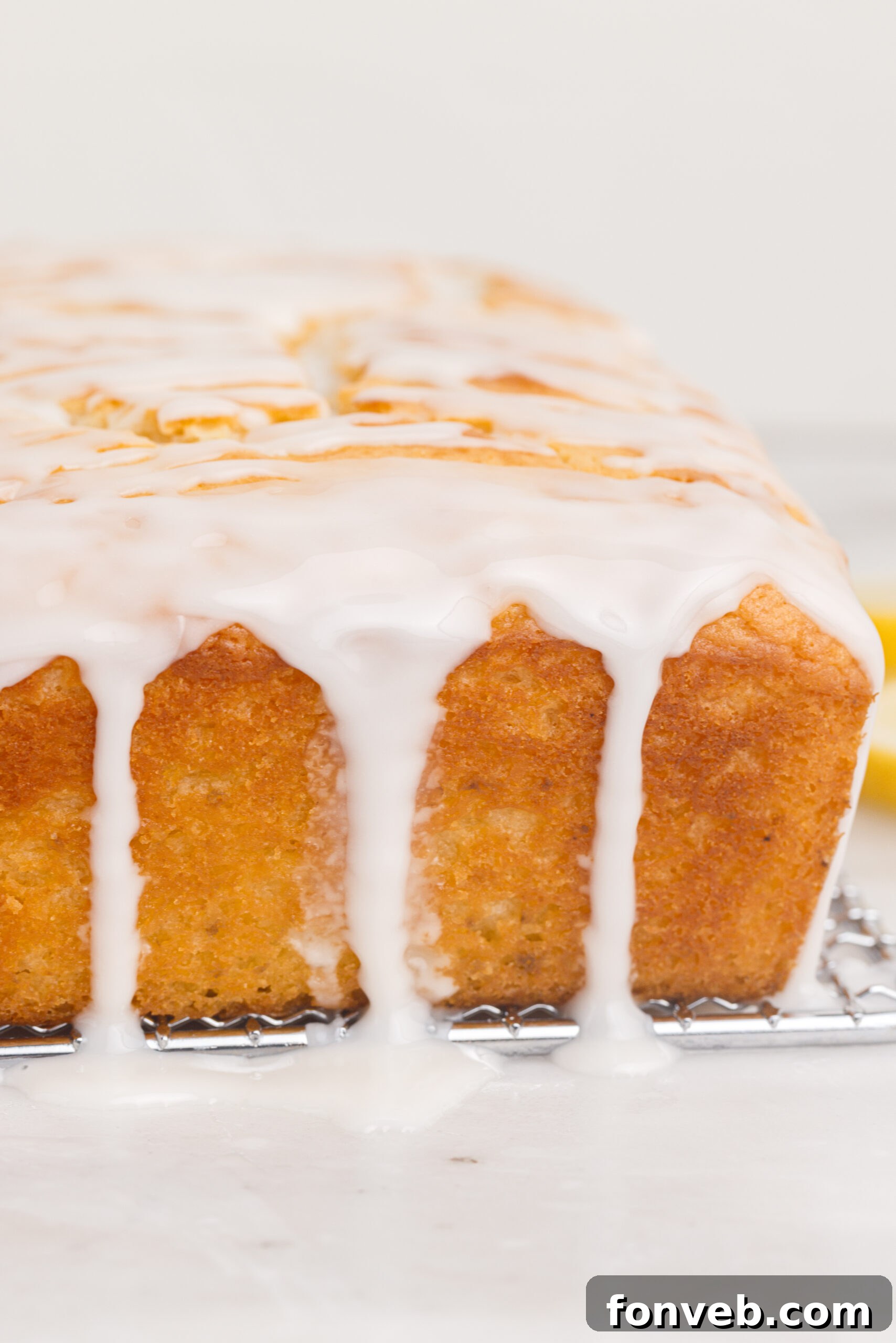Front view of Lemon Bread on a wire rack.