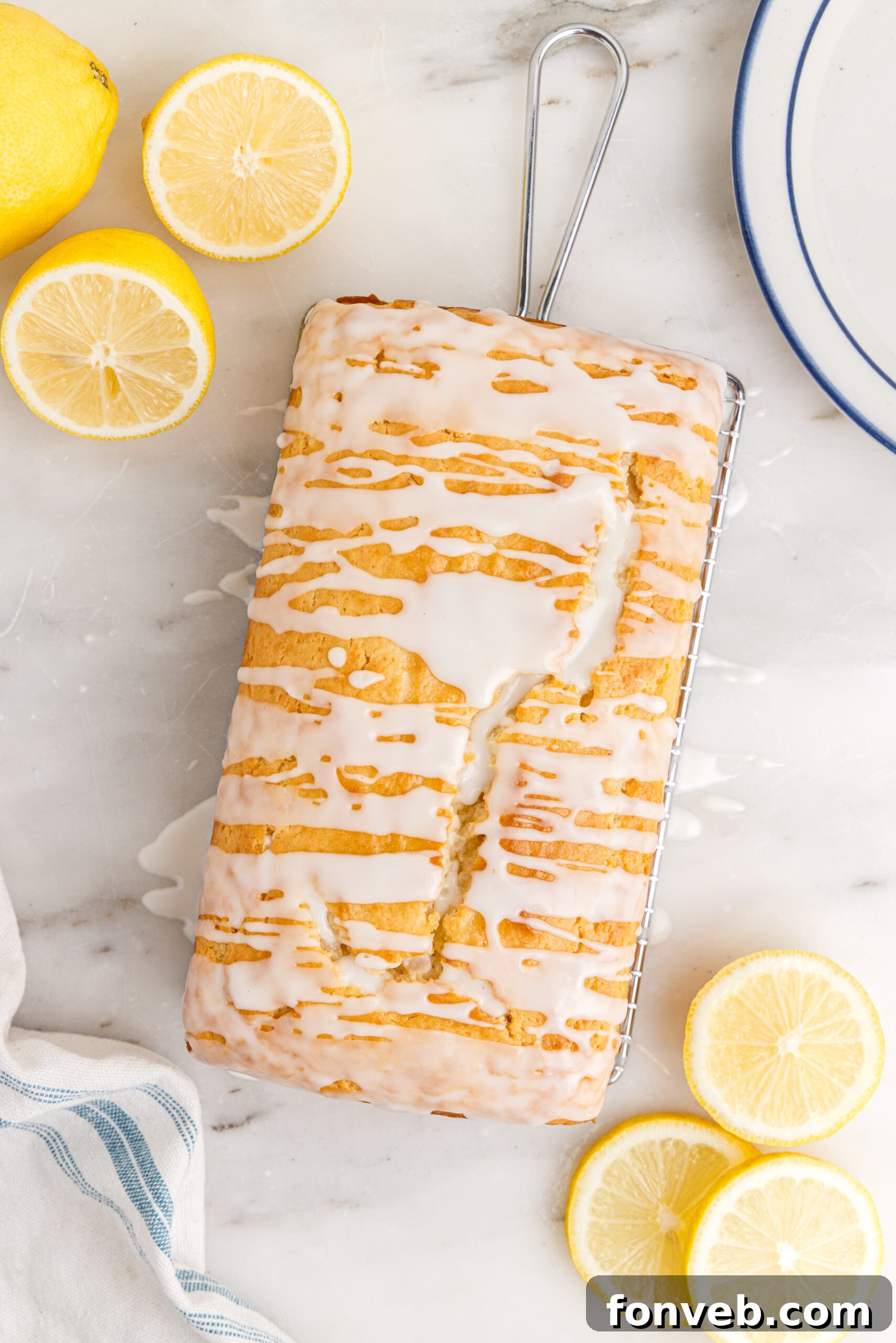 Overhead view of  Lemon Bread on a wire rack.